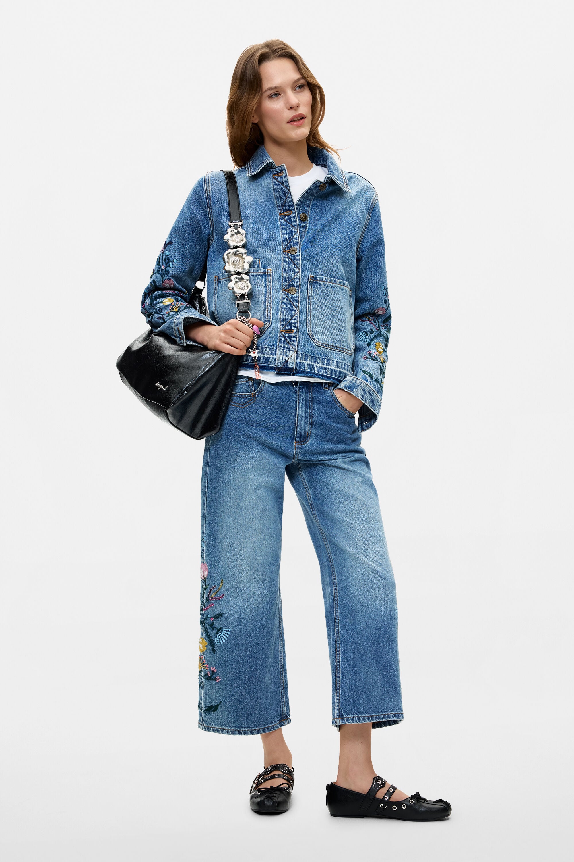 Desigual, Pantalón Flores Vaquero, Algodon, Azul