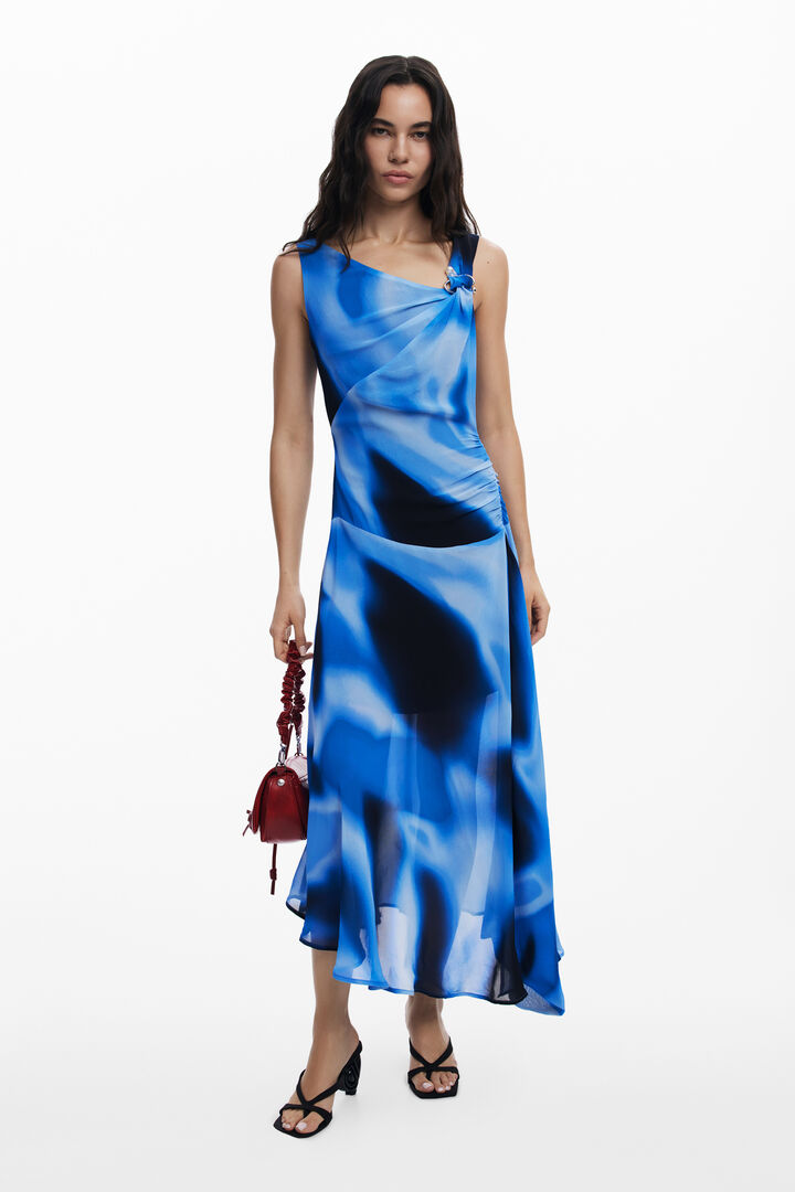 Asymmetric long blue dress