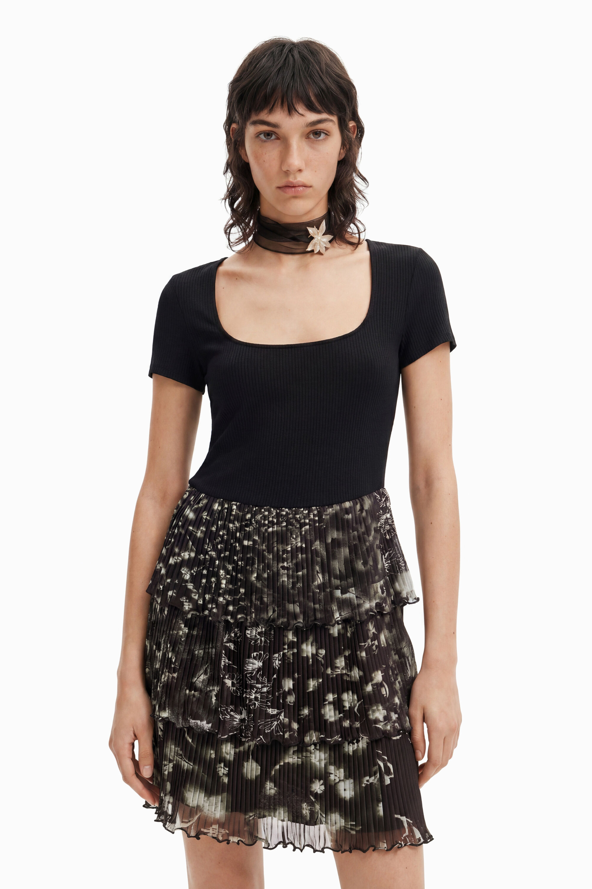 Desigual, Vestido mini combinado plisado, Negro