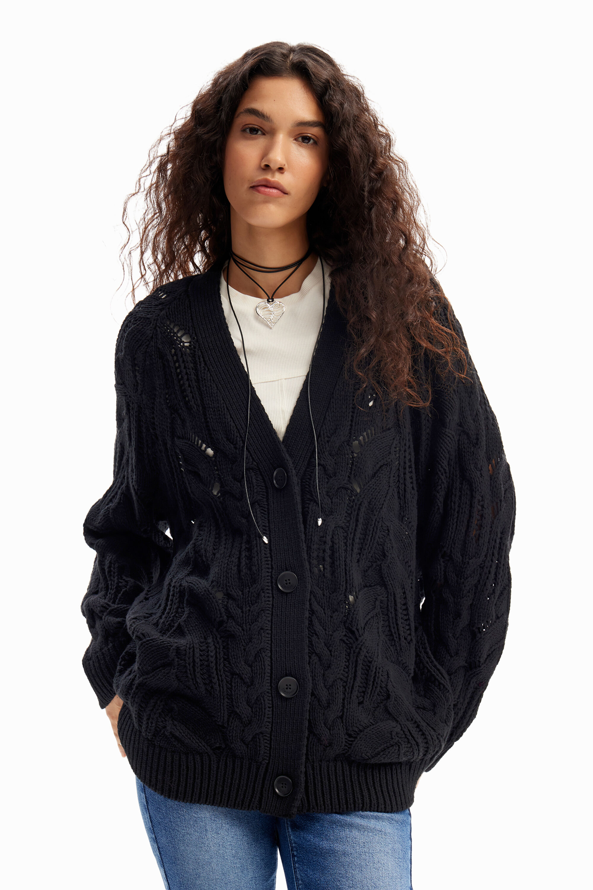 Desigual Oversize Openwork Cardigan In Black