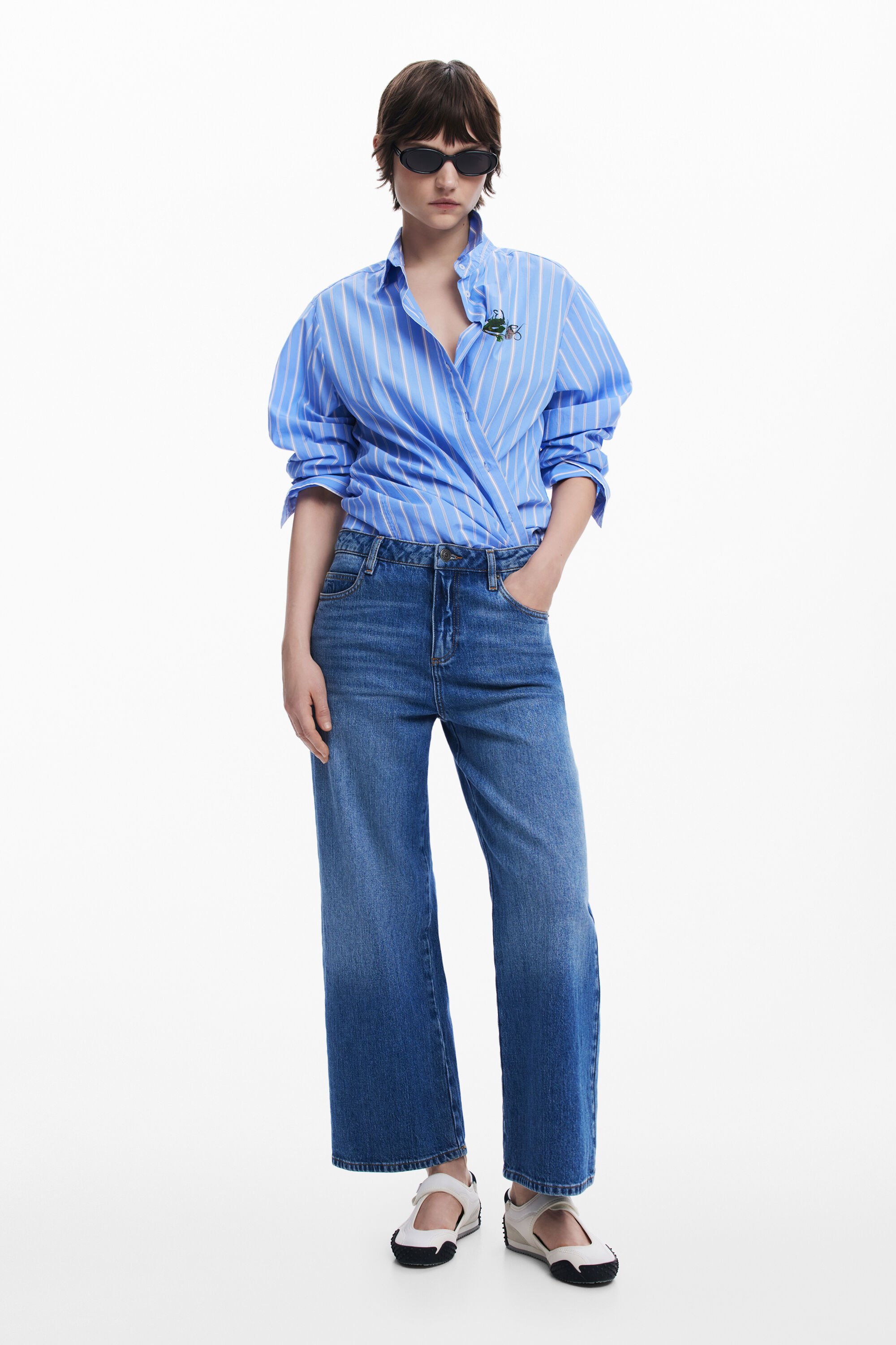 Desigual Stripe Cotton Graphic Button-up Shirt In Blue