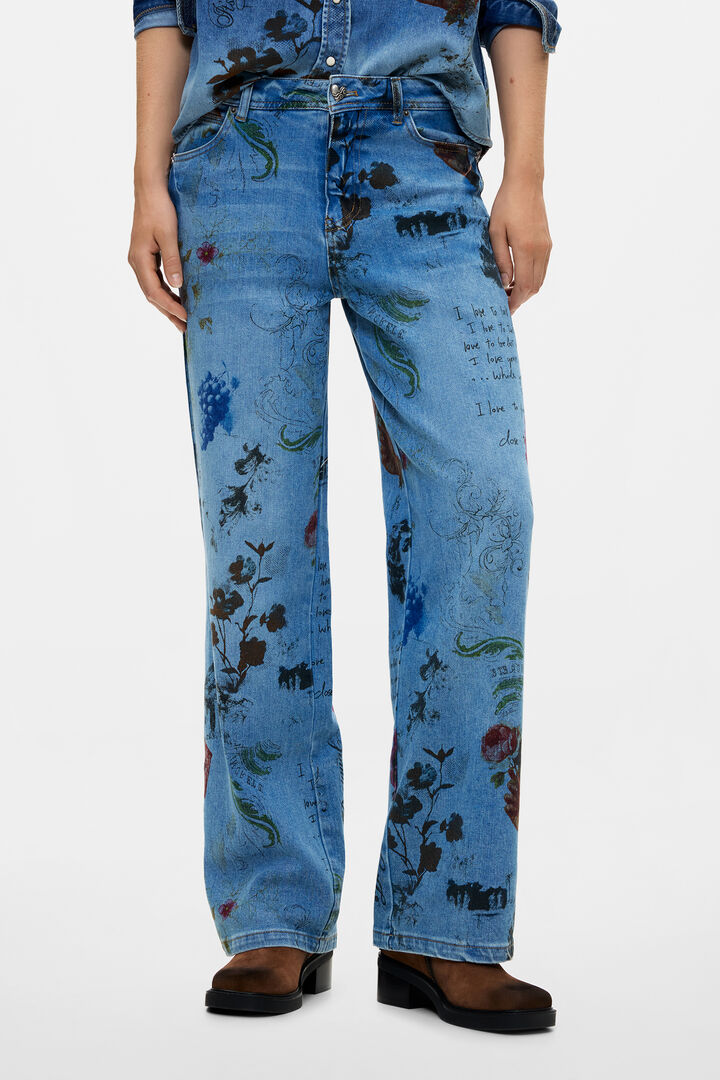 Pantalon jean droit imprim&eacute;