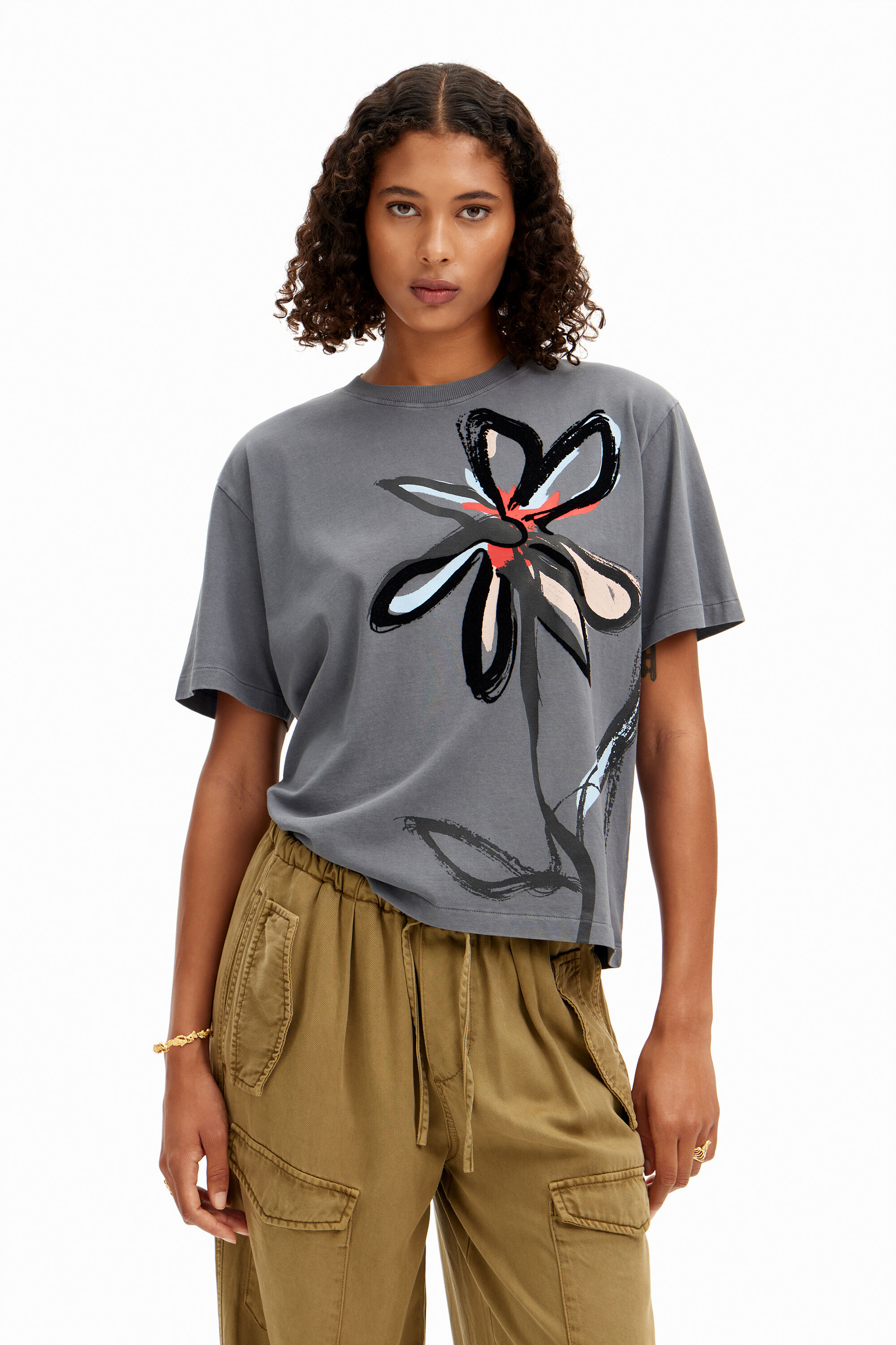 Desigual Versleten T-shirt met Arty bloem - BLACK