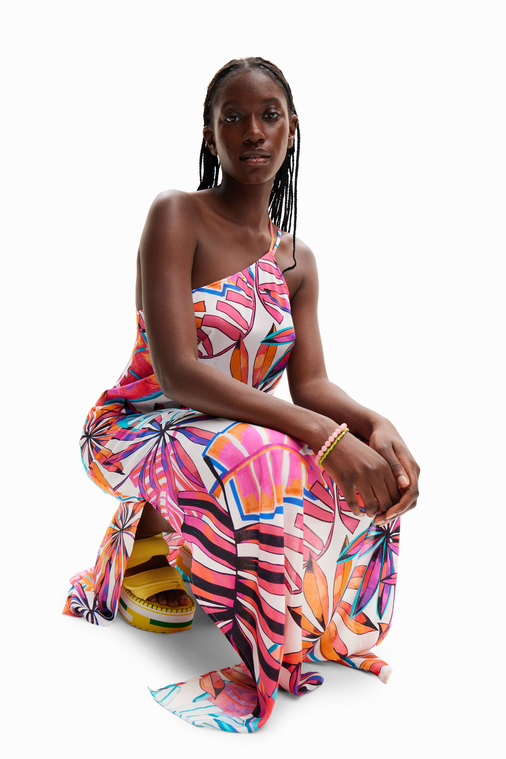 Hawaiian print asymmetric midi dress