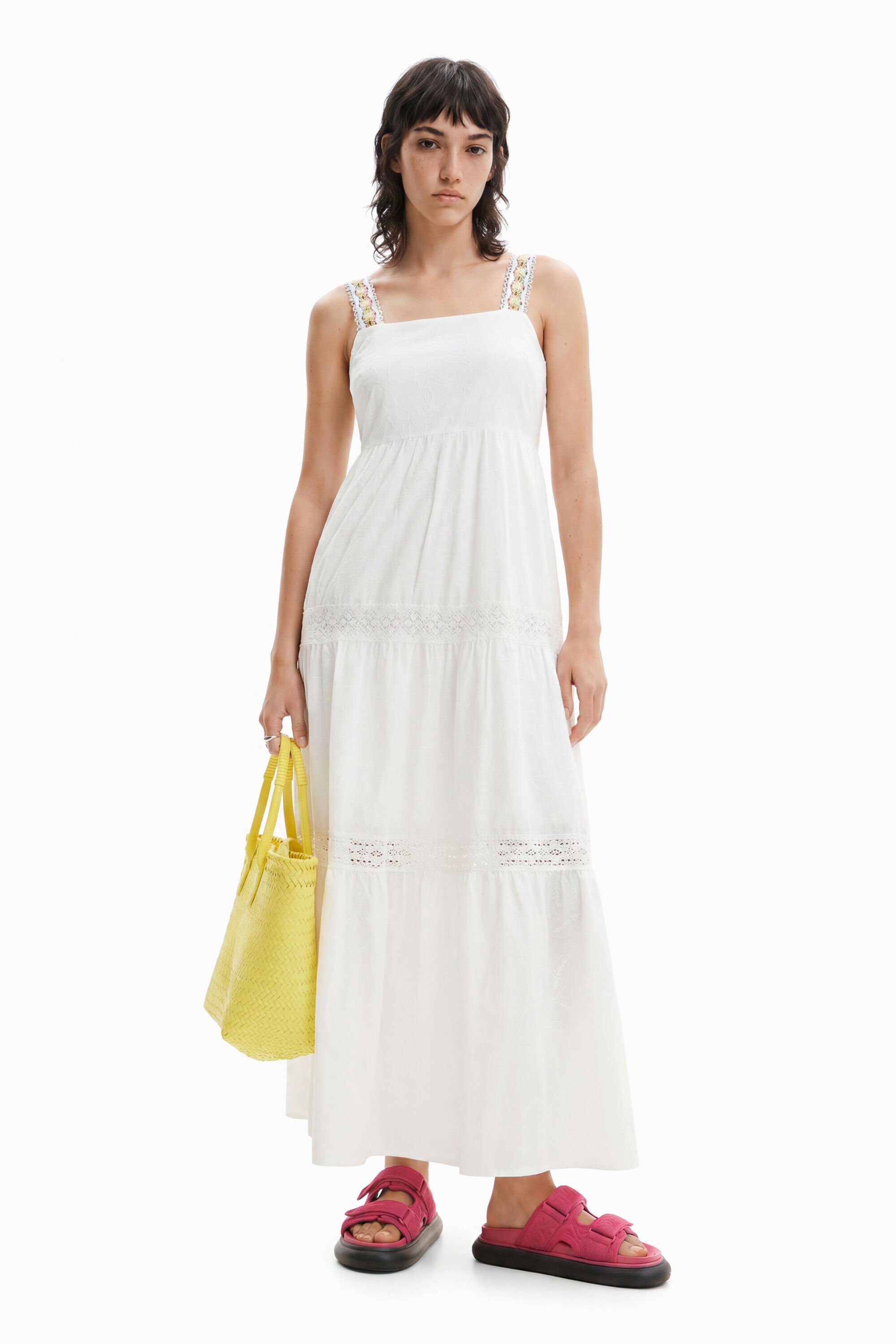 Desigual, Abito lungo spalline ricamate, Bianco
