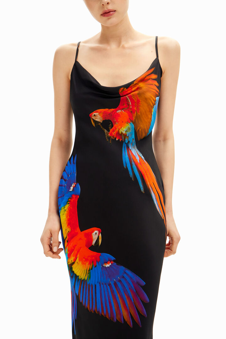 Vestido de tirantes de satén loros tropicales Tyler McGillivary | Desigual