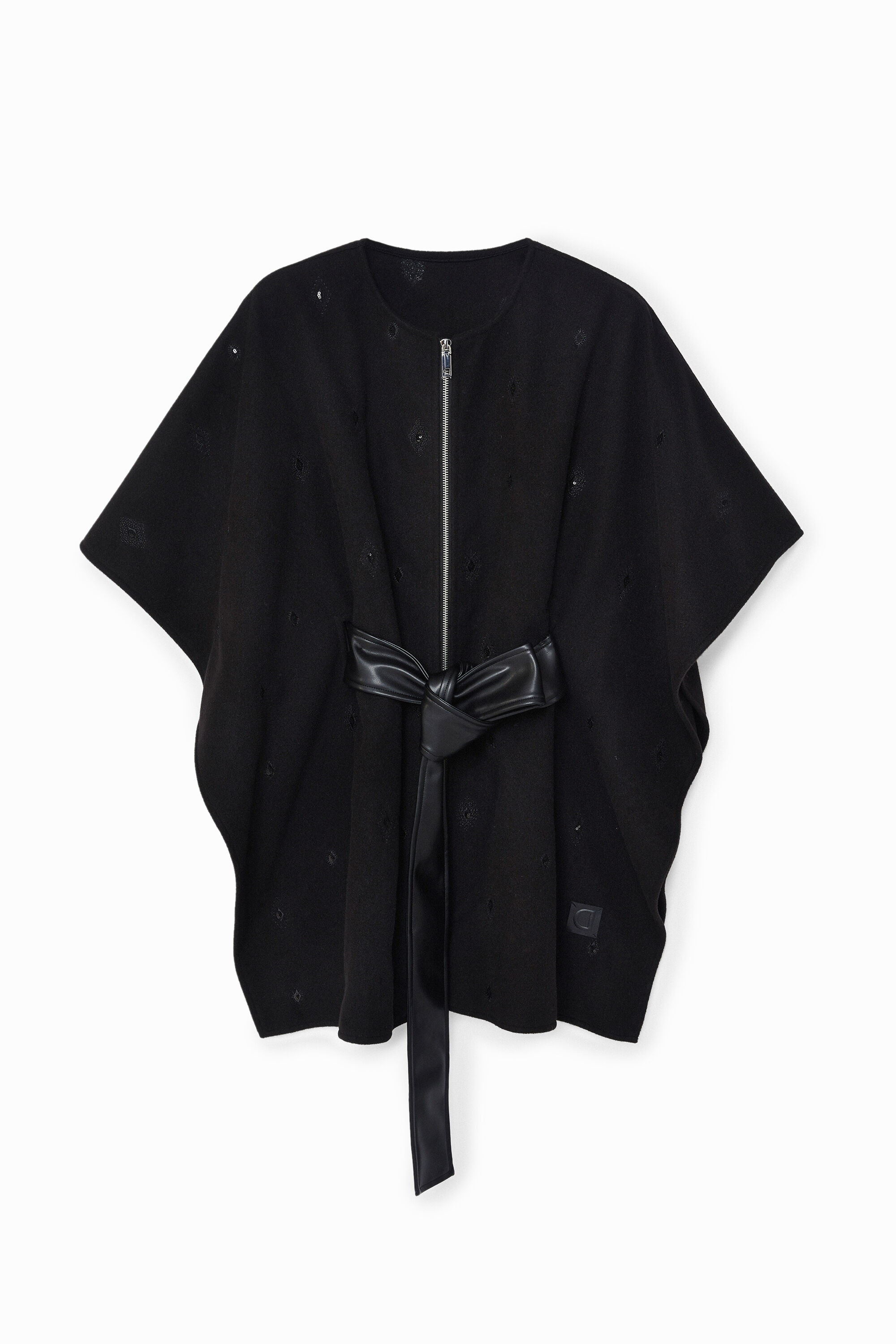 Poncho-cape belt and zipper