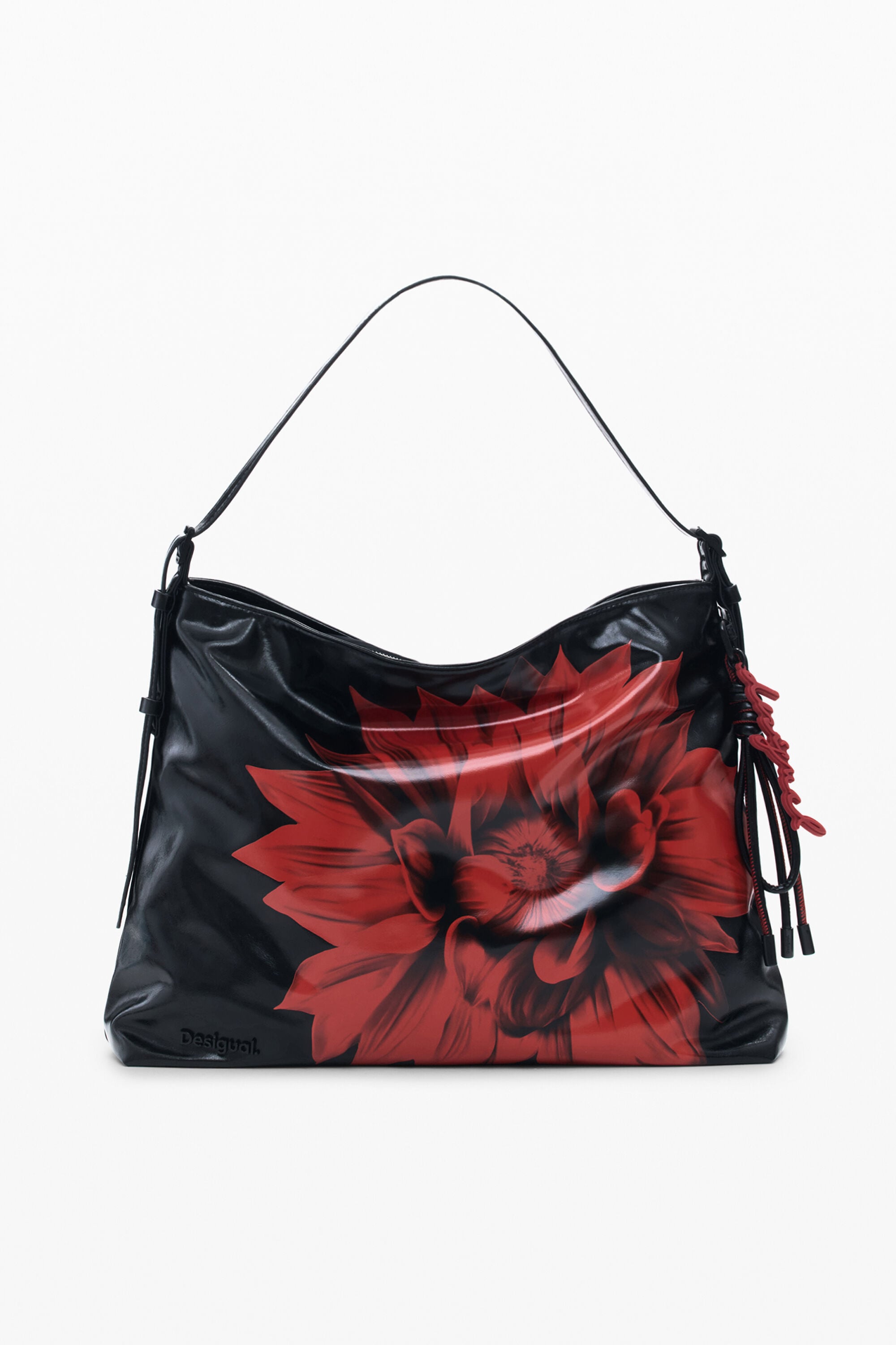 Desigual, Medium shiny flower shoulder bag, Polyurethane, Black, U
