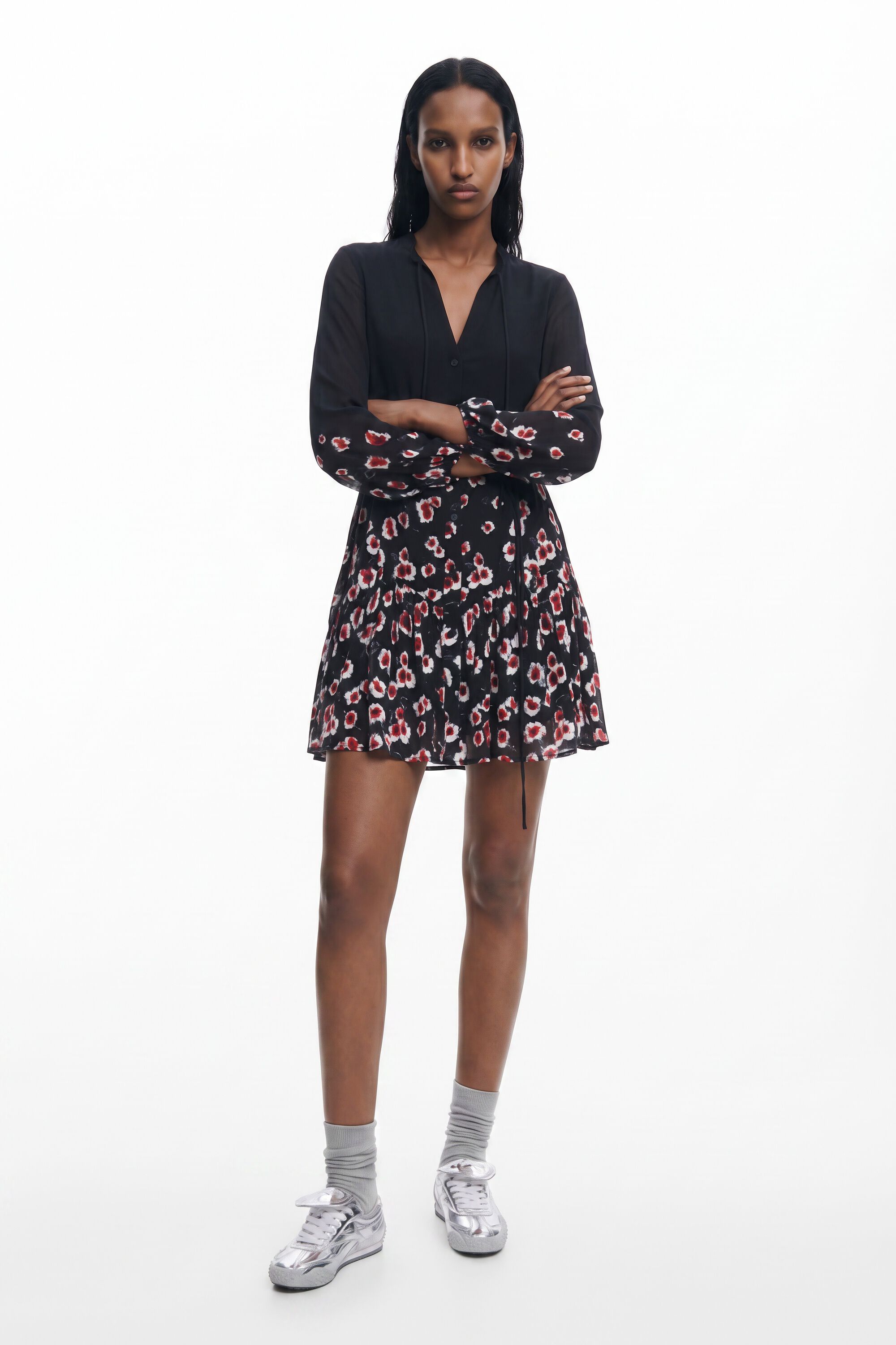 Desigual, Vestido corto flores, Viscosa, Negro