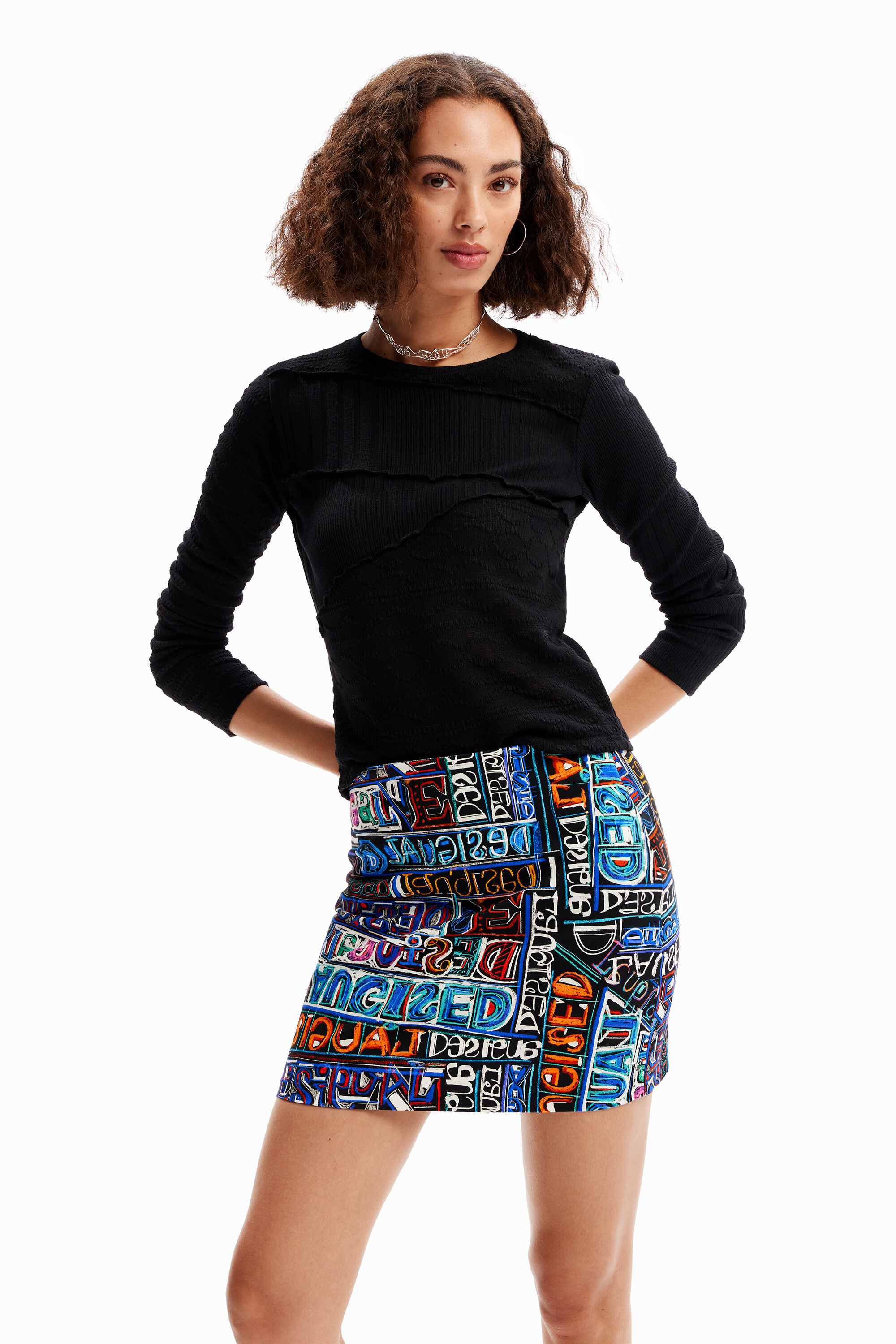 Desigual Slim Arty Logo Mini Skirt In Black