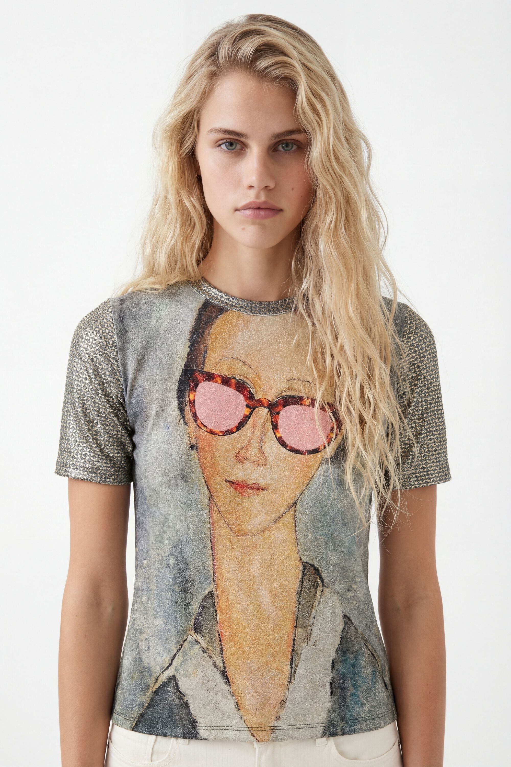 Desigual, Schmuckvolles Shirt Silber-Ärmel Modigliani, Schwarz, XS