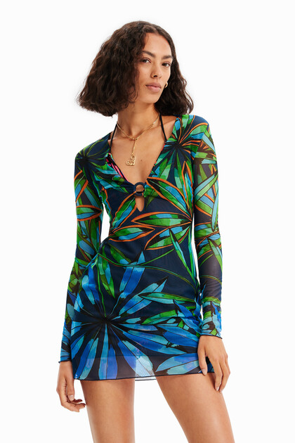 Krótka sukienka cut-outs z nadrukiem w tropikalny deseń