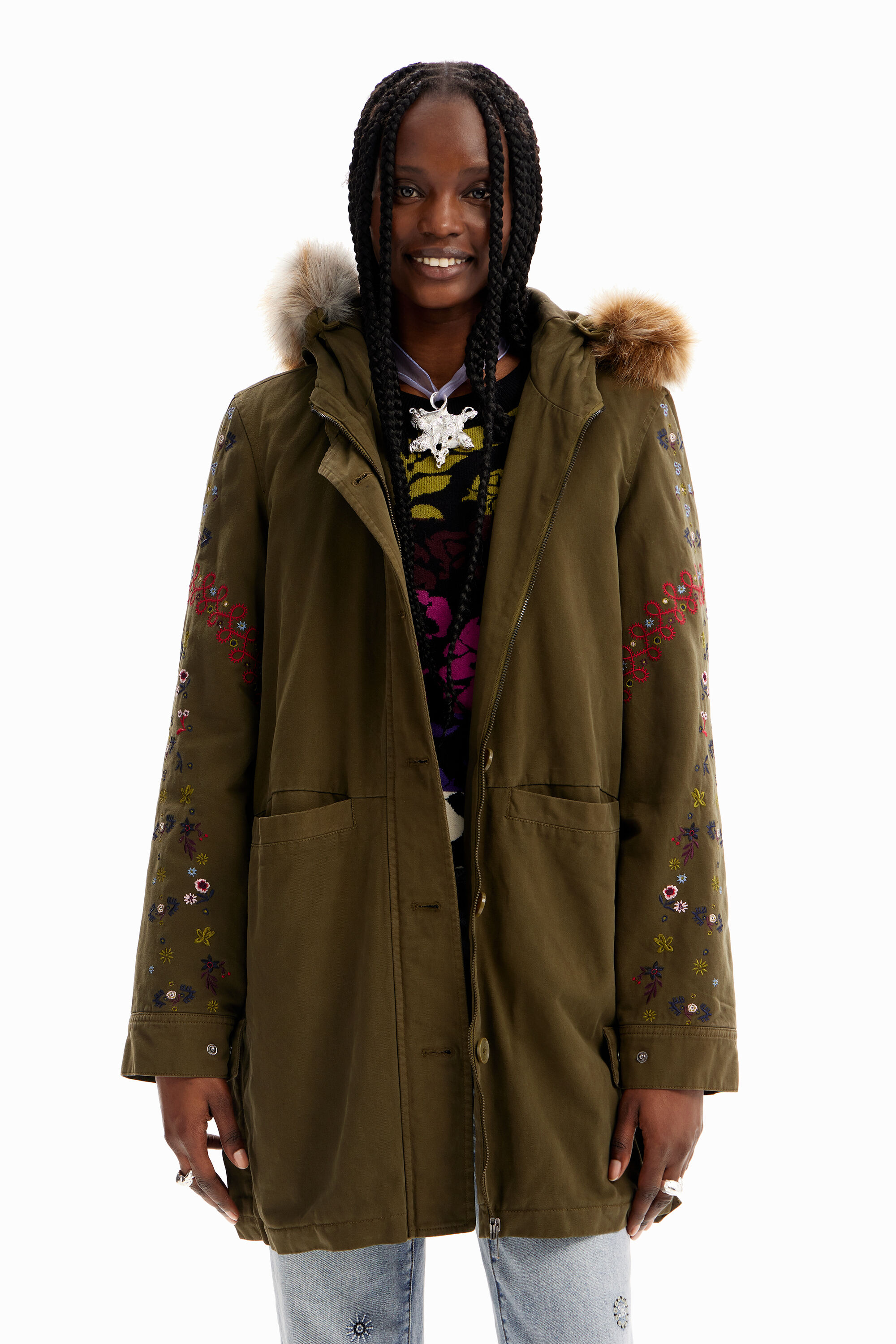 Embroidered hooded parka - GREEN - XL