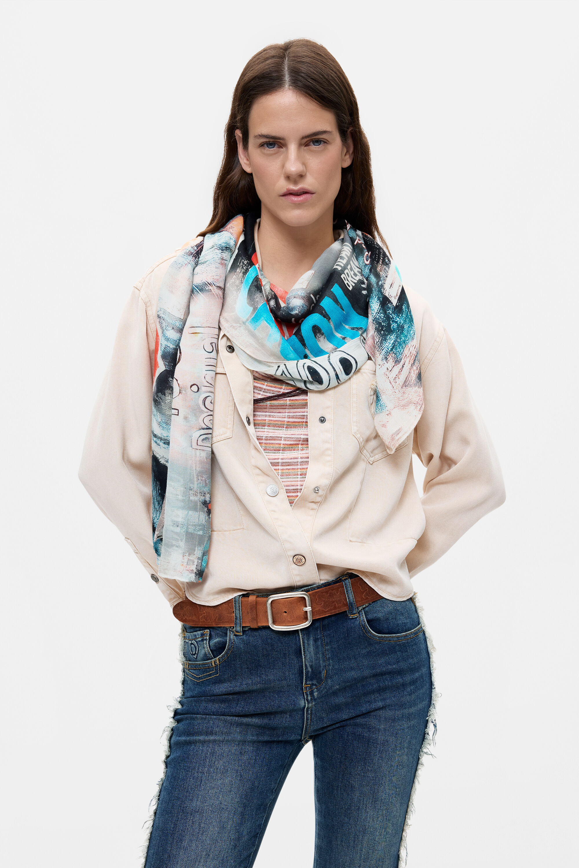 Desigual, Prostokątny szalik we wzory, Wiskoza, Czarny, U