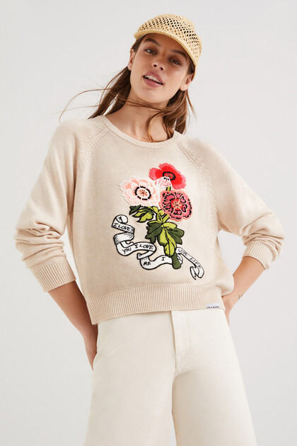 Sweter z haftem w kwiaty