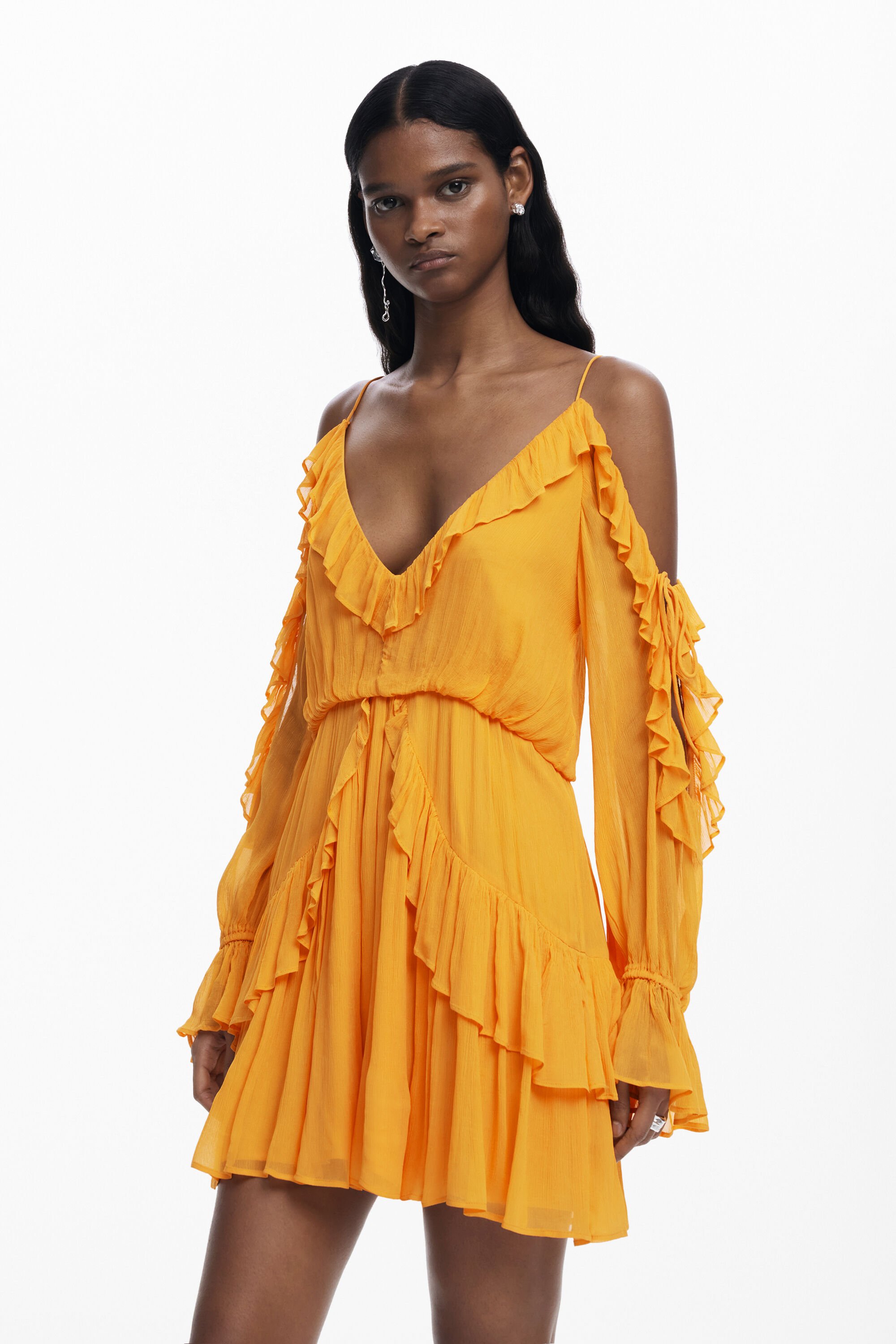 Desigual Cold Shoulder Long Sleeve Minidress In Orange