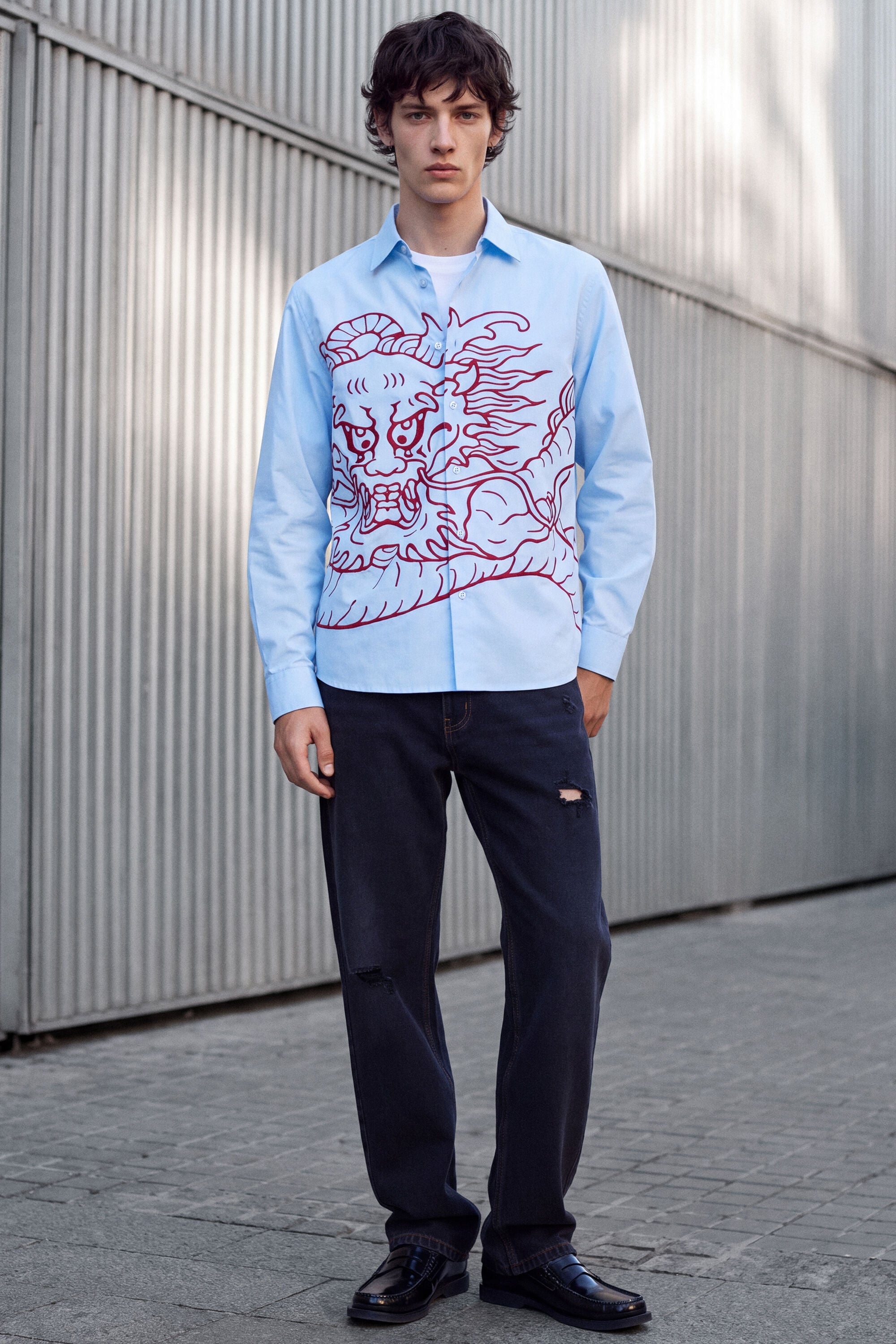 Camisa Bordada Dragón, Hombre, Algodon, Azul,