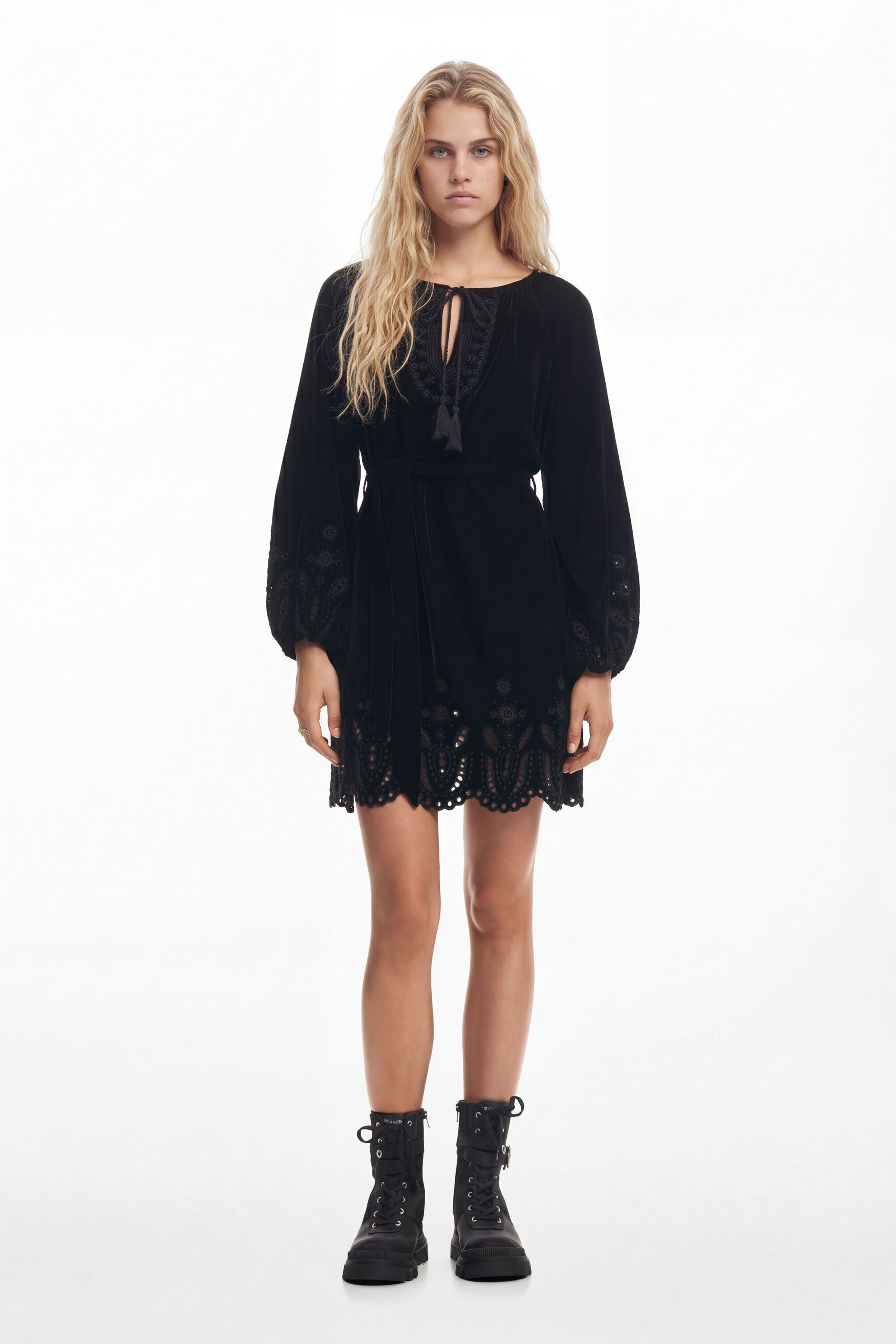 Desigual, Vestido mini bordados, Poliester, Negro