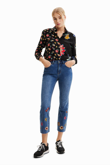 Vaqueros Flare cropped bordado flores | Desigual