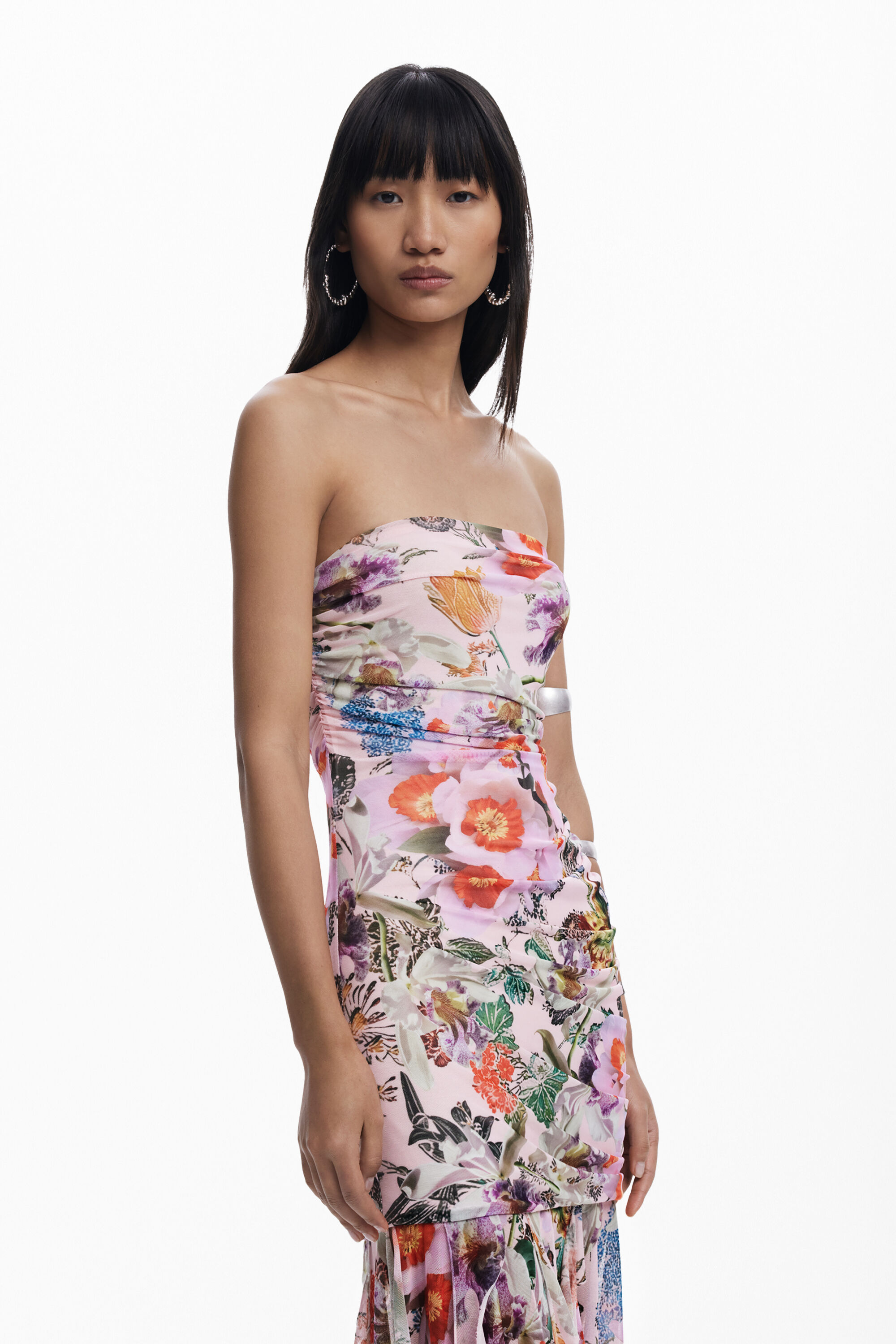 Desigual Ruched Ruffle Hem Asymmetric Maxi Dress In Red