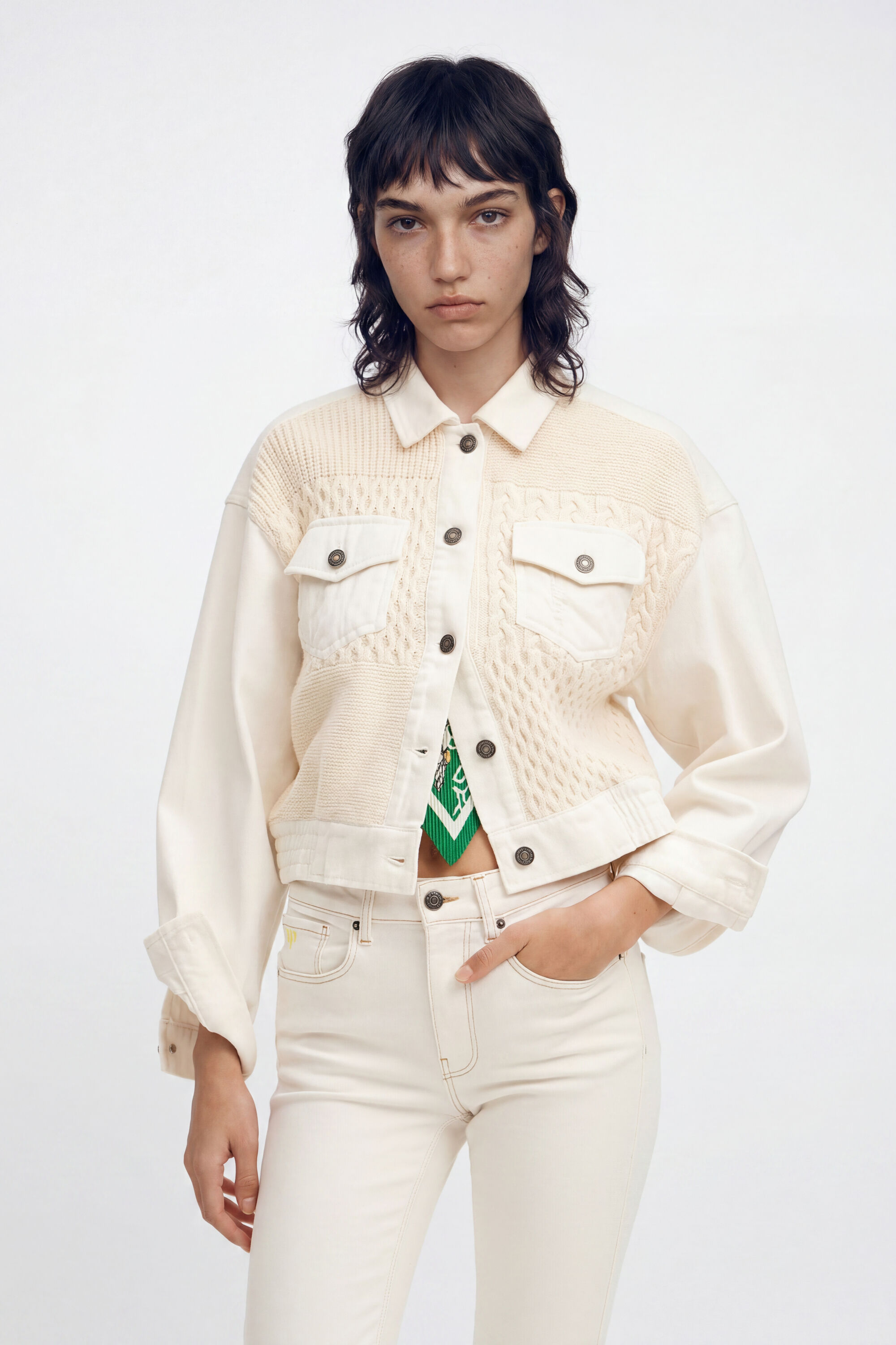 Desigual, Chaqueta trucker patch tricot, Algodon, Blanco