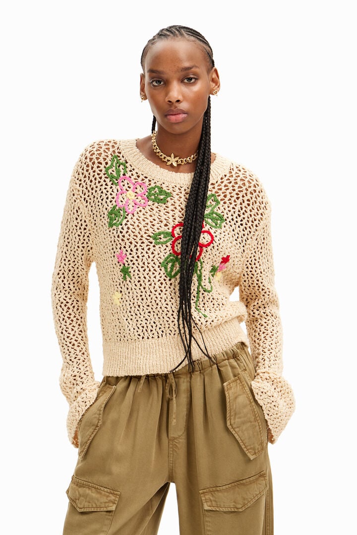 Frayed knit flower pullover