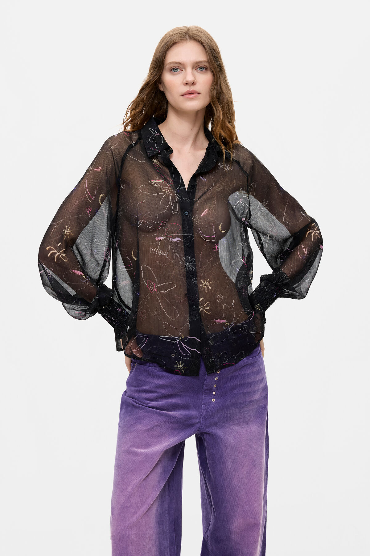 フローラルシースルーブラウス 黒 女性用 I Desigual.com