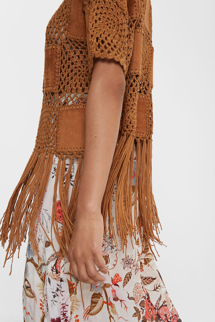 Pull patch en crochet, cuir et à franges | Desigual
