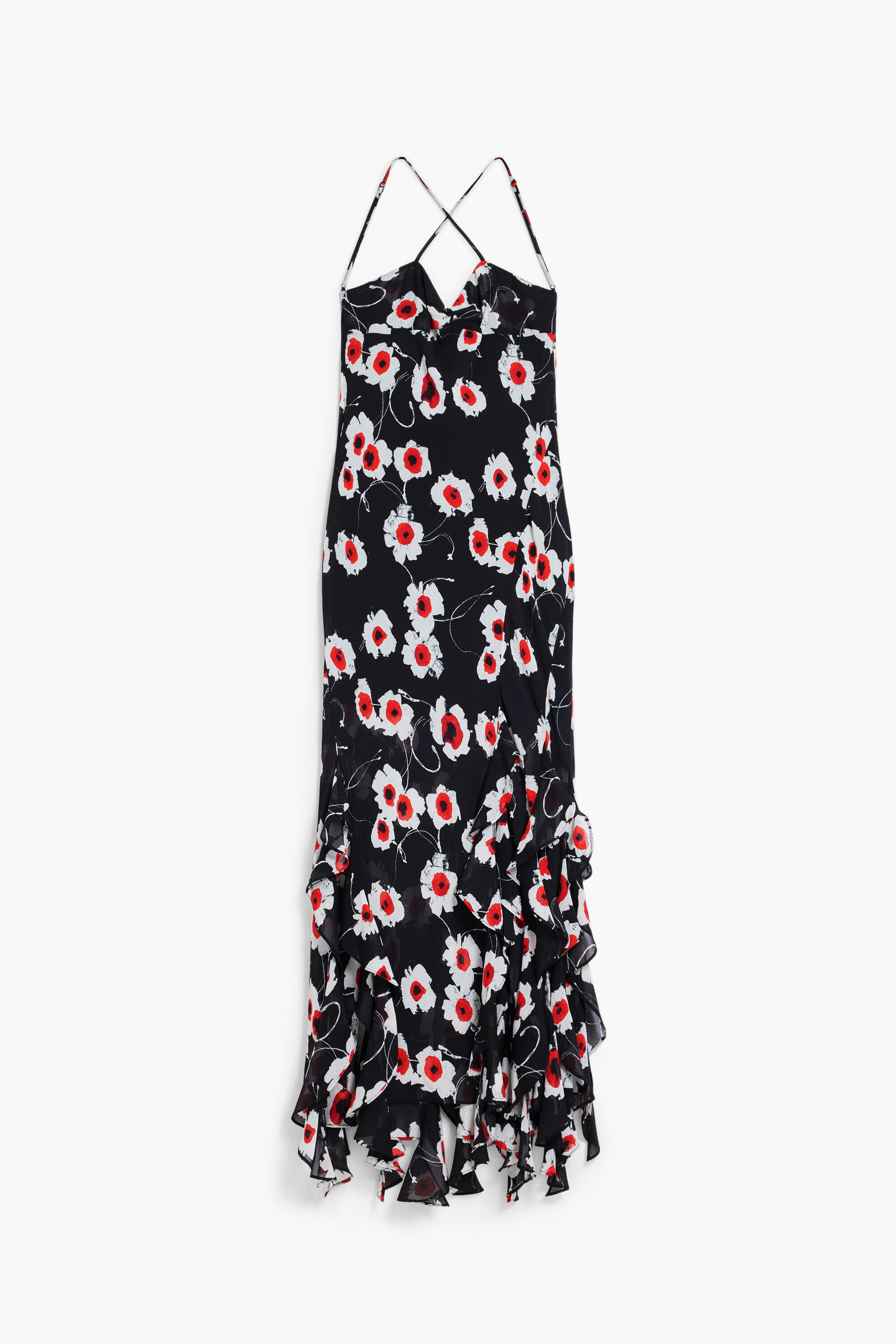 Desigual, Midikleid mit Mohnblumen und Rüschen, Polyester, Schwarz, XS