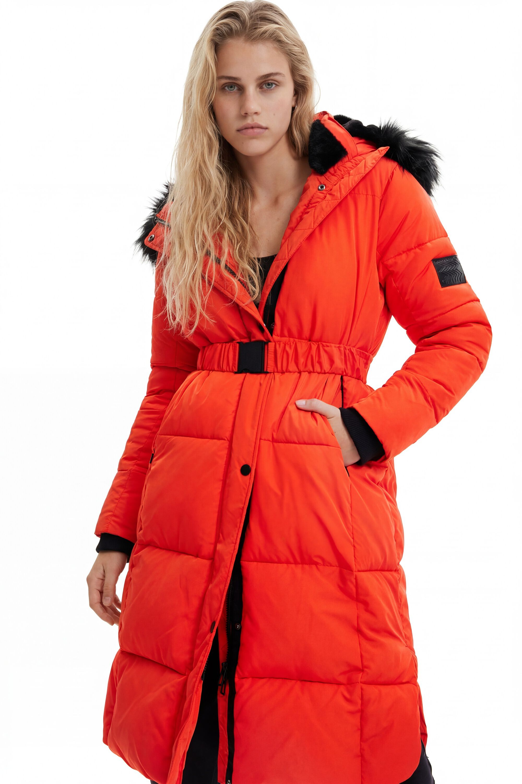 Long padded coat with belt