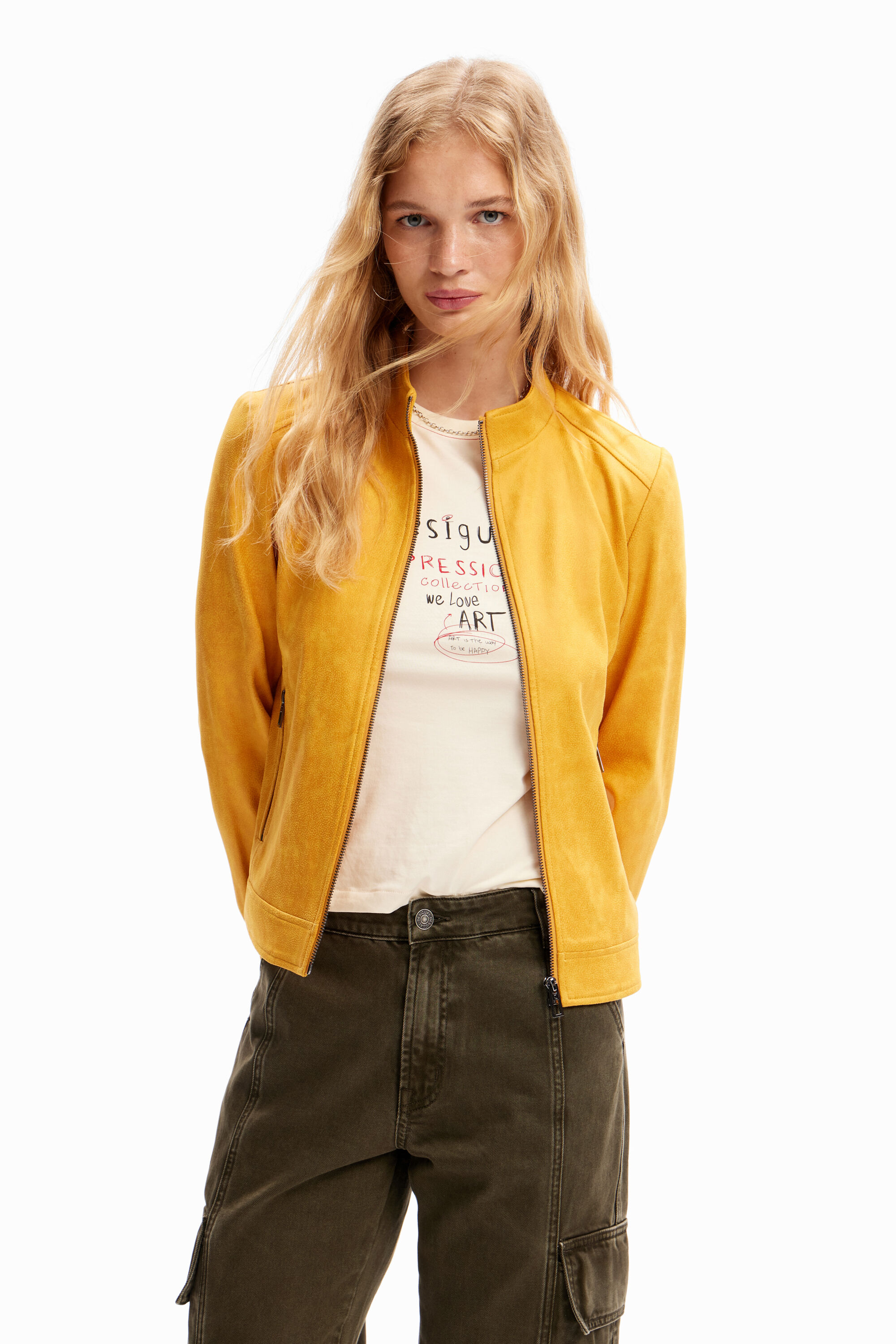 Shop Desigual Slim Biker Jacket In Yellow