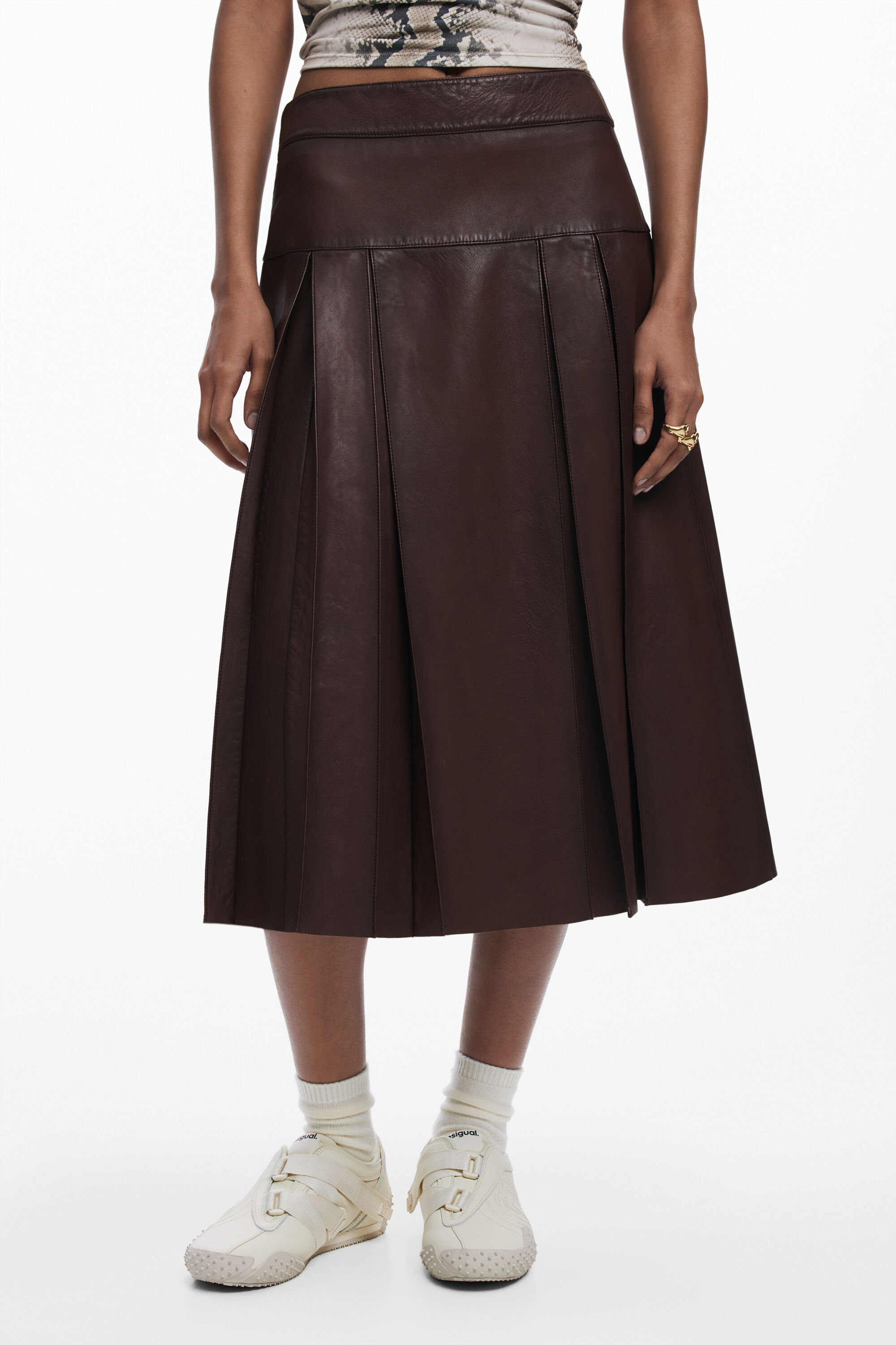 Desigual Midi Leather Skirt In Brown