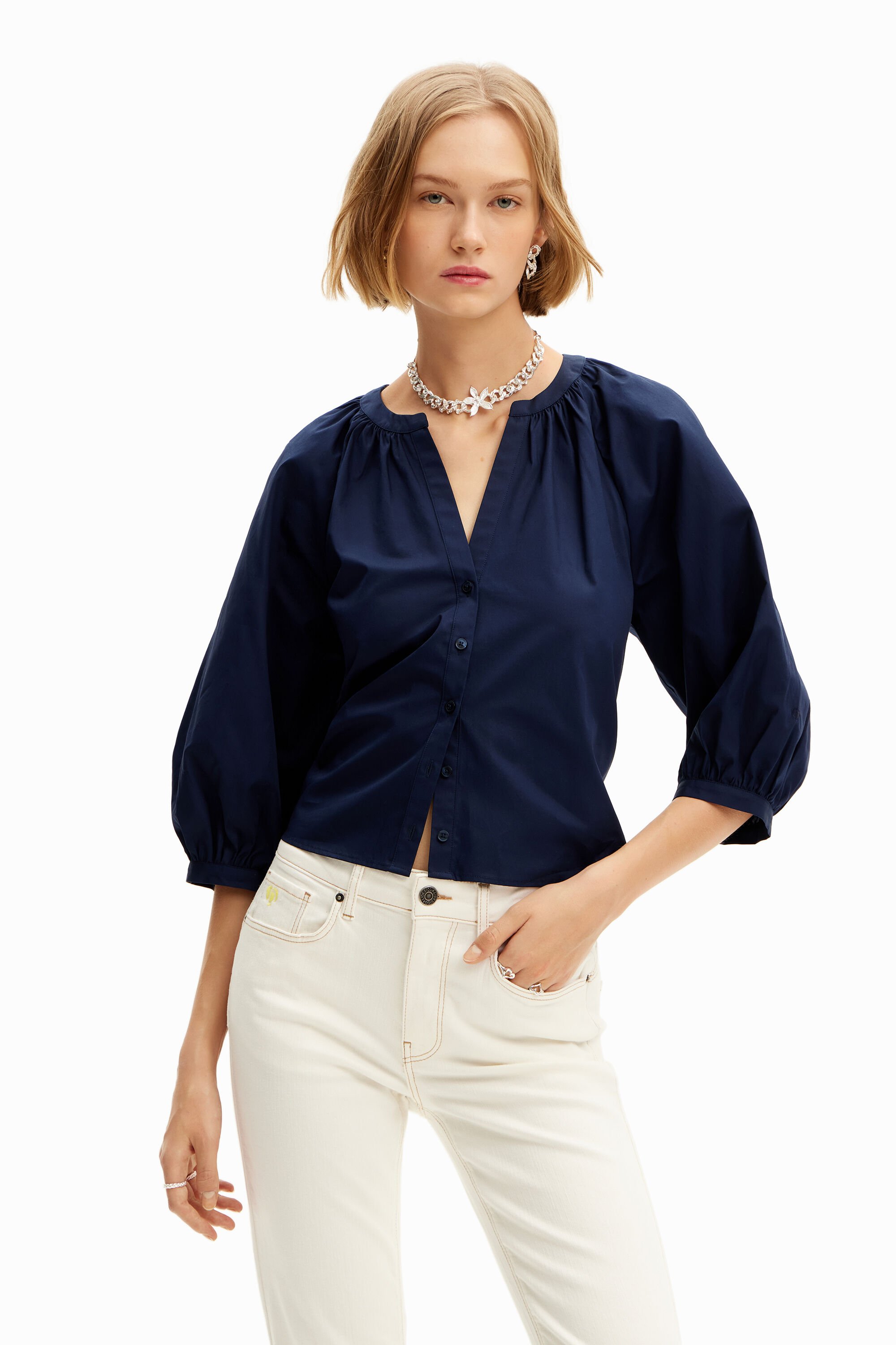 V-neck poplin blouse - BLUE - S