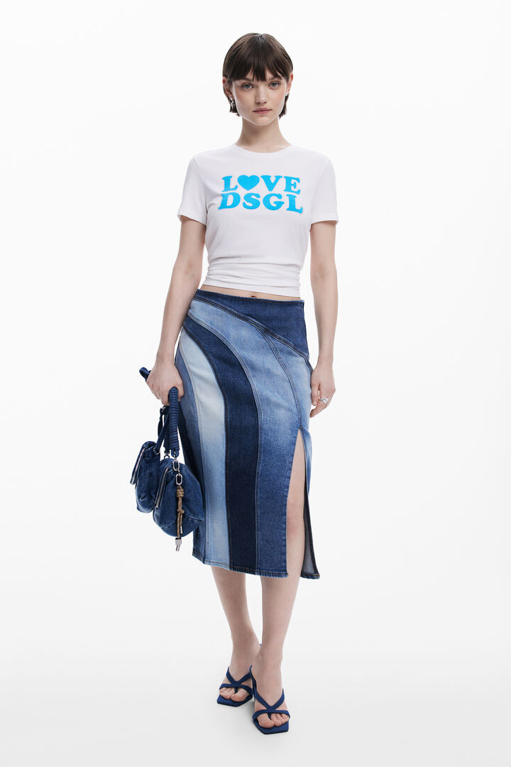 Denim midi skirt with panels