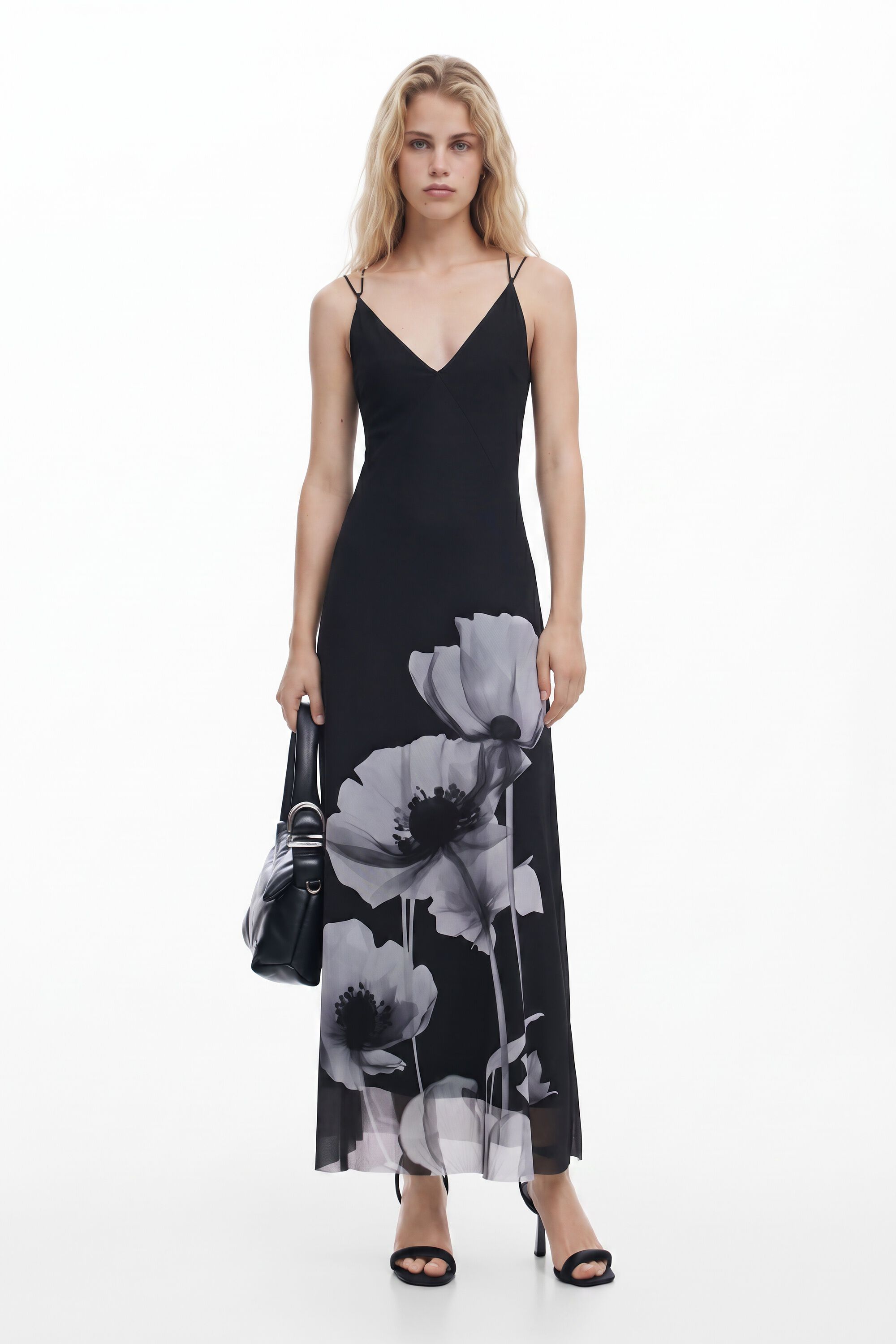 Desigual, Vestido largo amapolas, Poliester, Negro