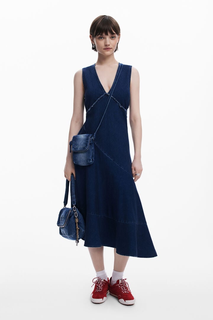 Asymmetric denim midi dress