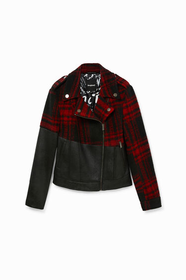 Tartan-synthetic leather biker jacket | Desigual