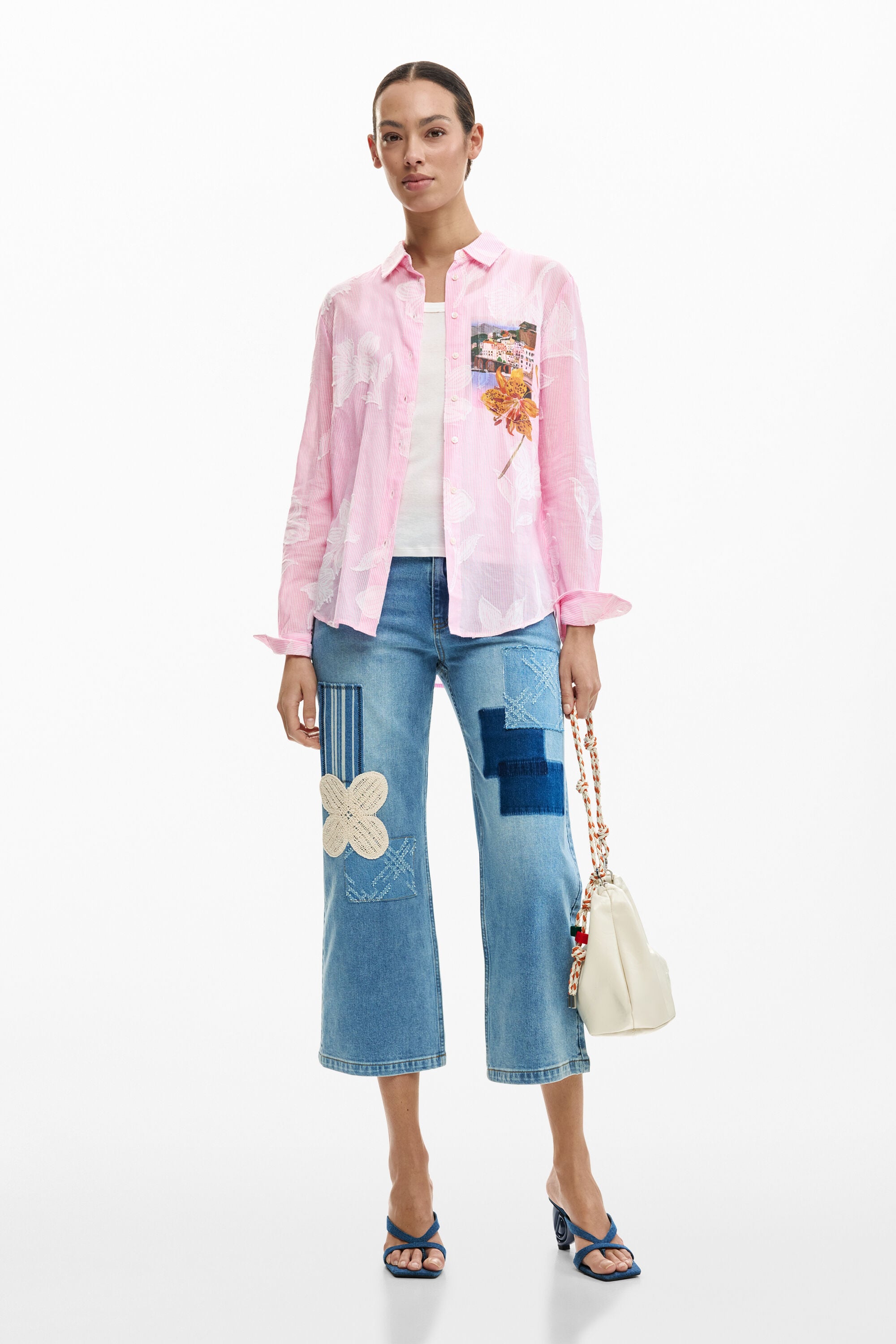 ポストカード柄ストライプシャツ 青 女性用 I Desigual.com