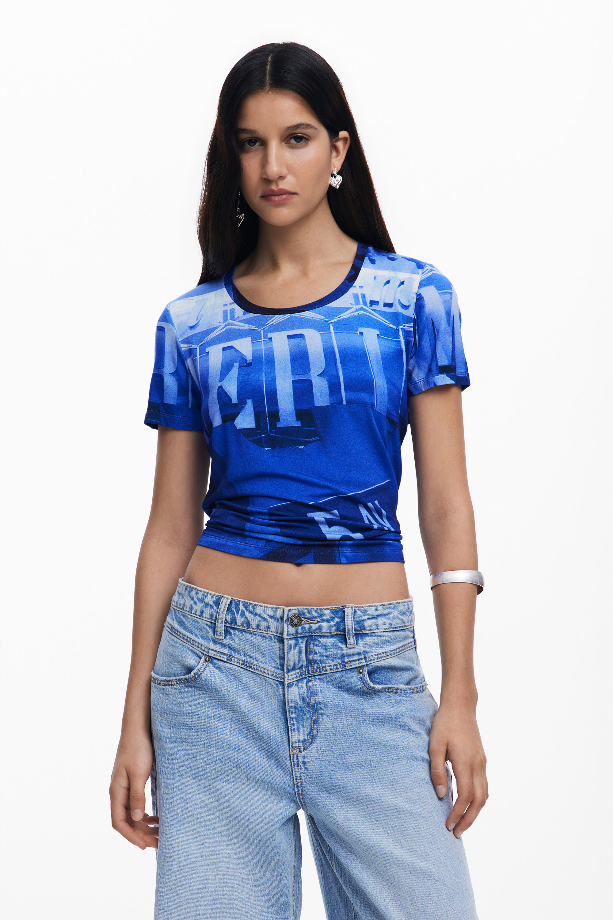 Desigual Wide Leg Jeans With V Waist In Blue