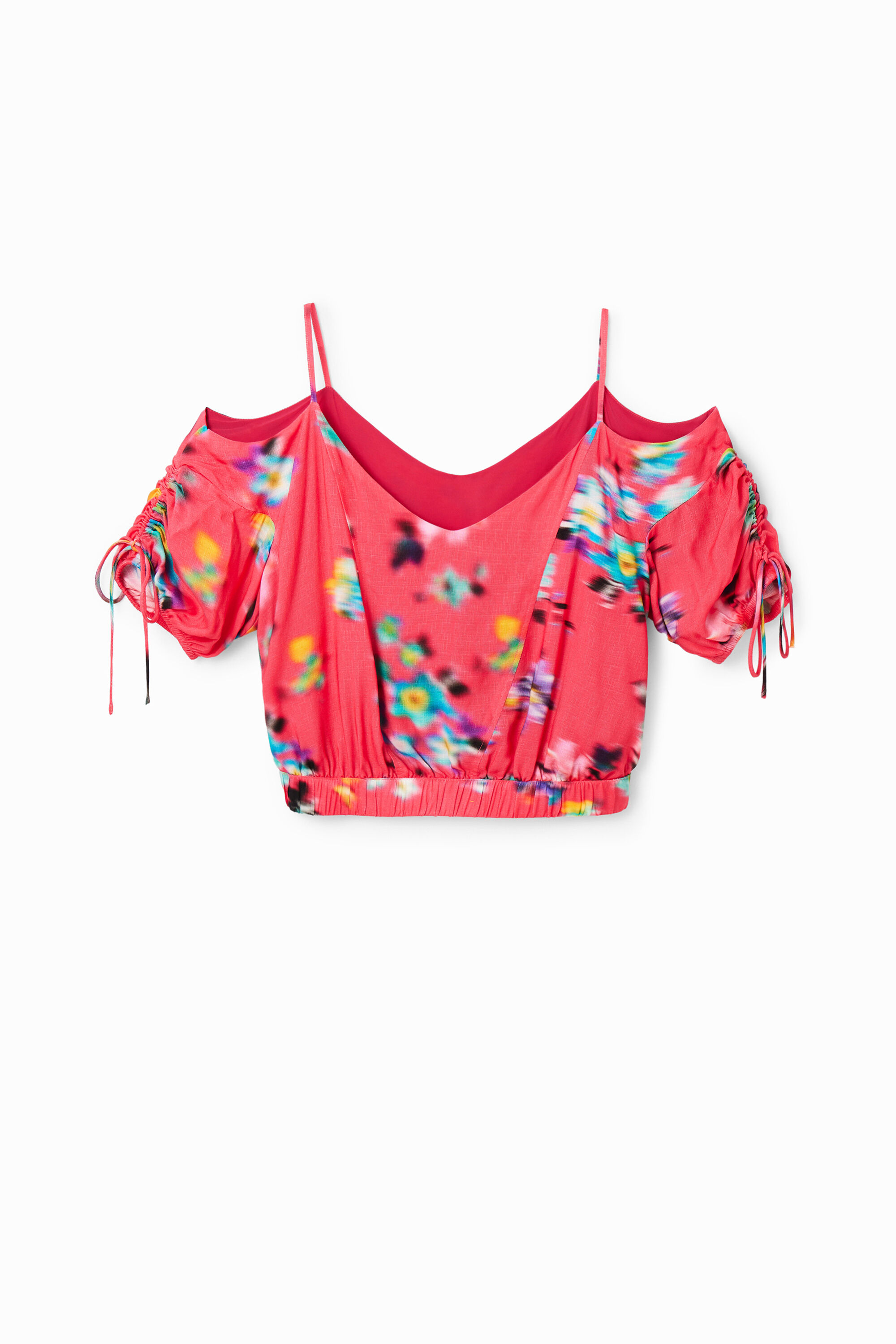 Kurze Bluse Raffung Blumen RED S  - Onlineshop Desigual