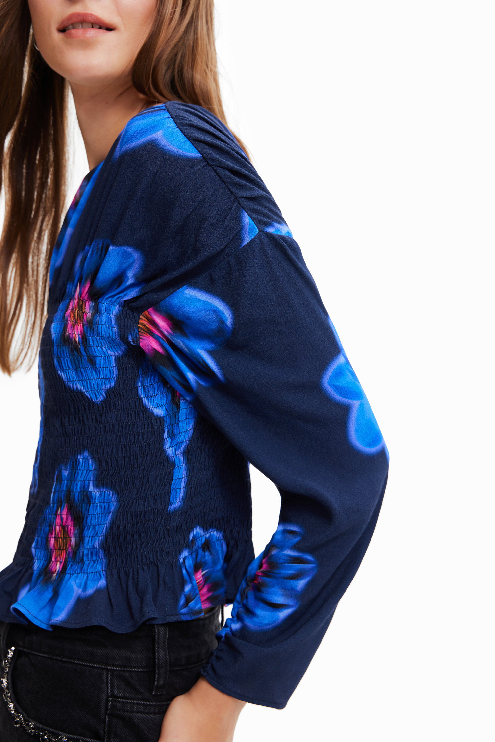 Shop Desigual Floral Ruched Blouse In Blue