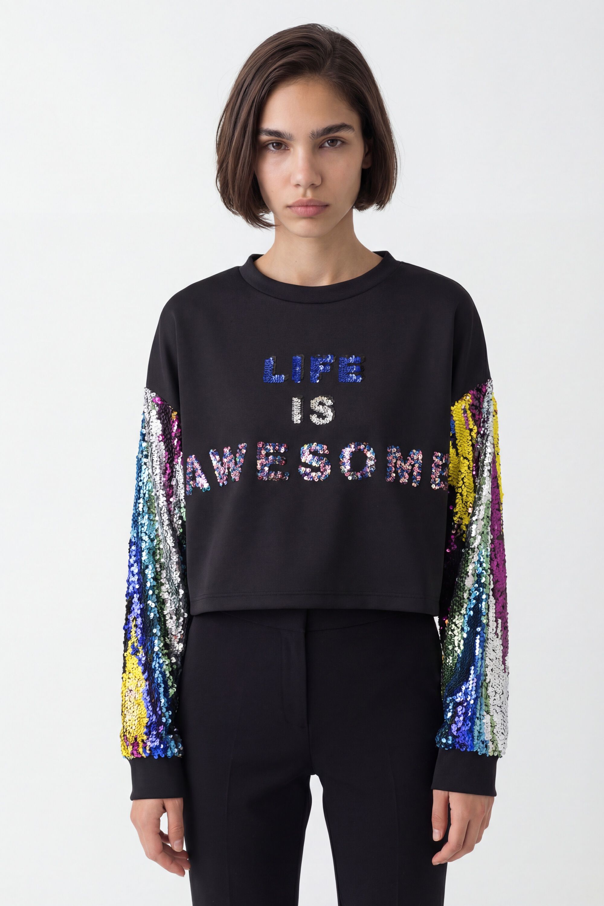 Desigual, Crop-Sweater Pailletten, Baumwolle, Schwarz, M