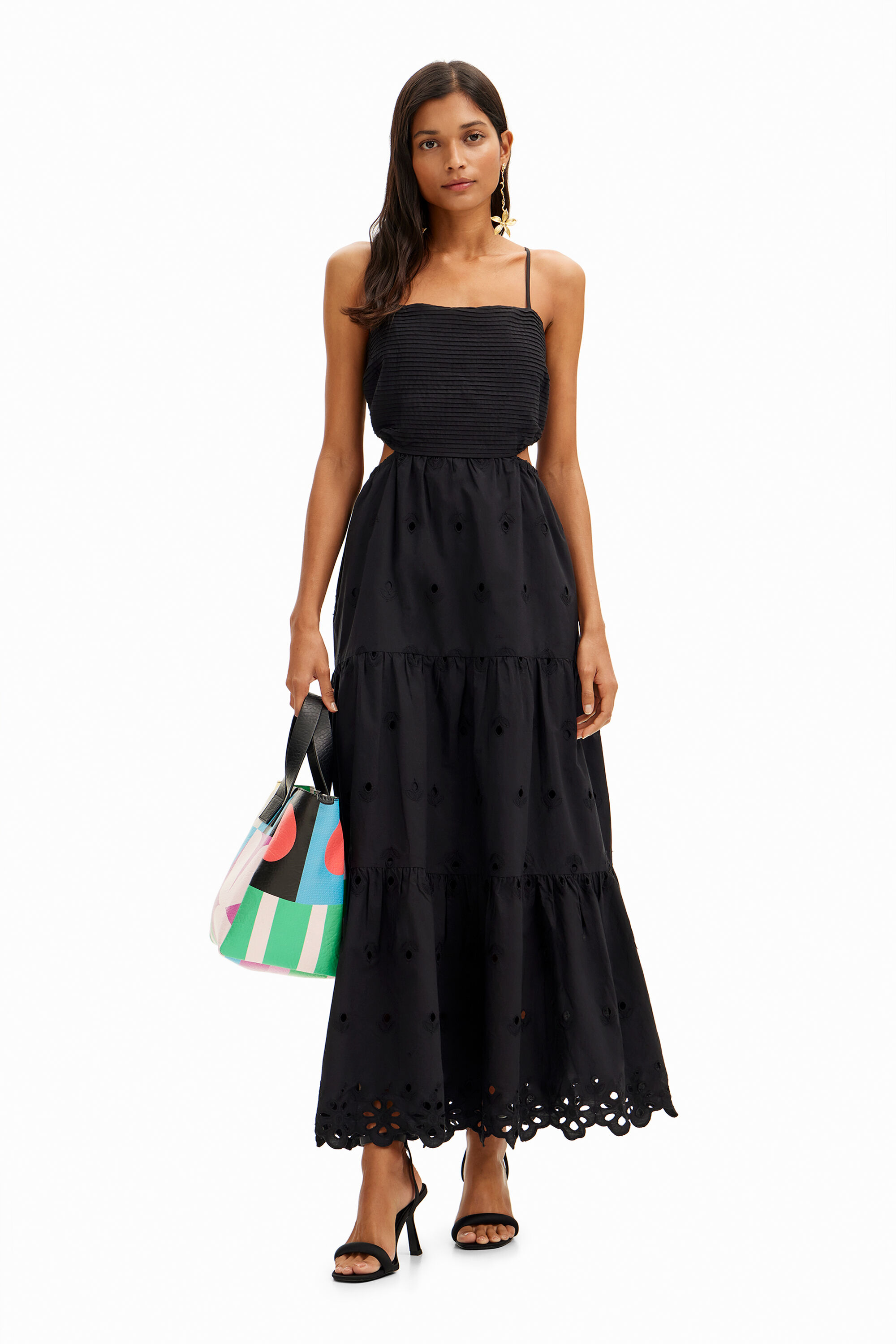 Long embroidered cut-out dress - BLACK - S