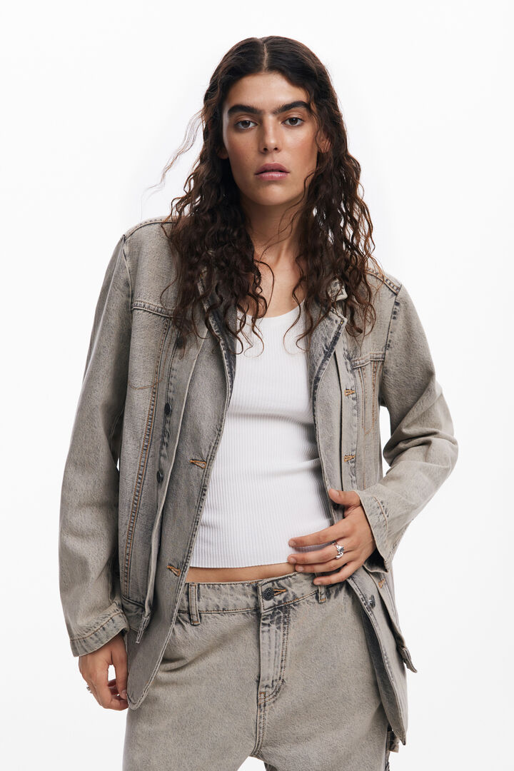 Distressed denim blazer