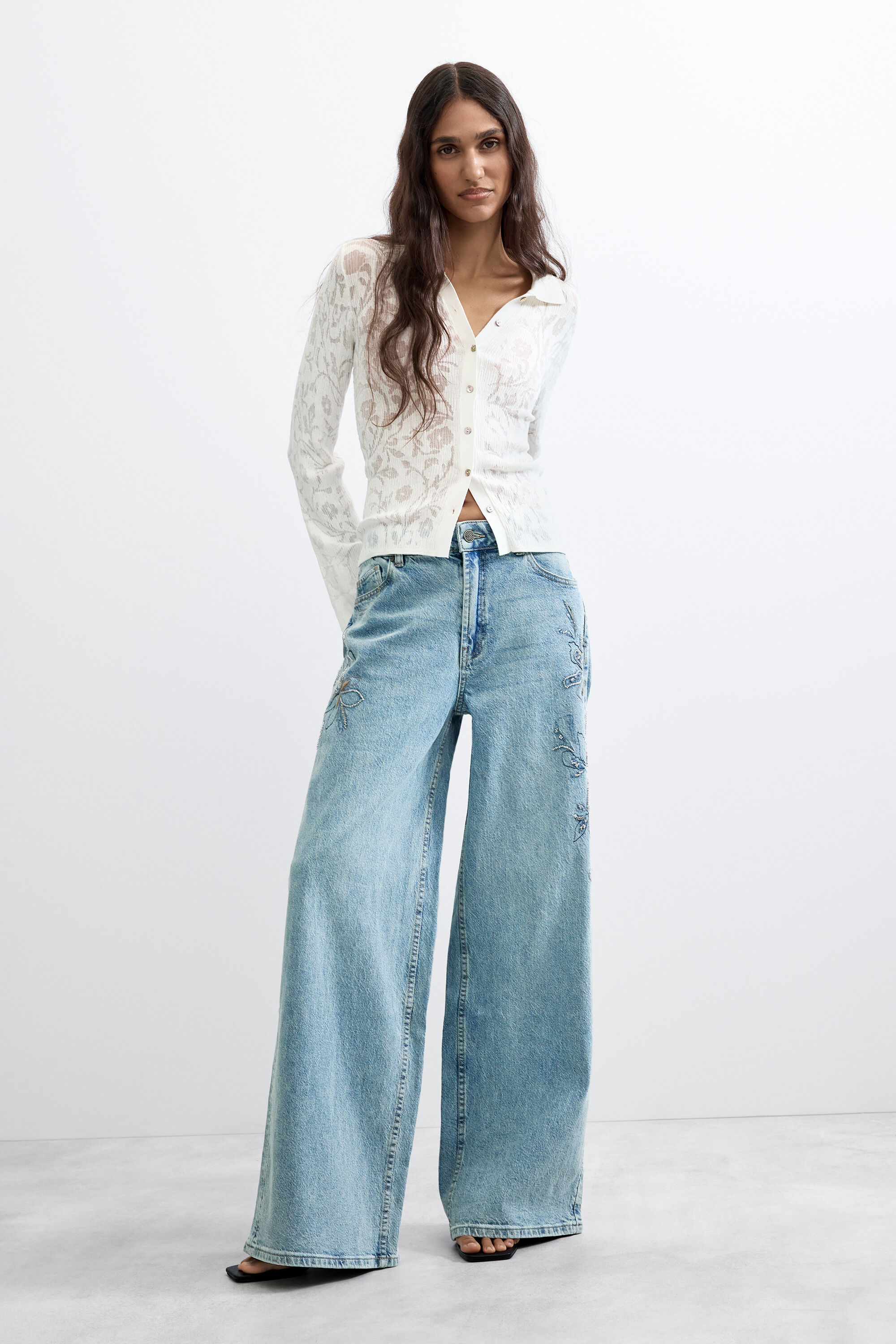 Jean large coupe wide leg, Coton, Bleu, 34