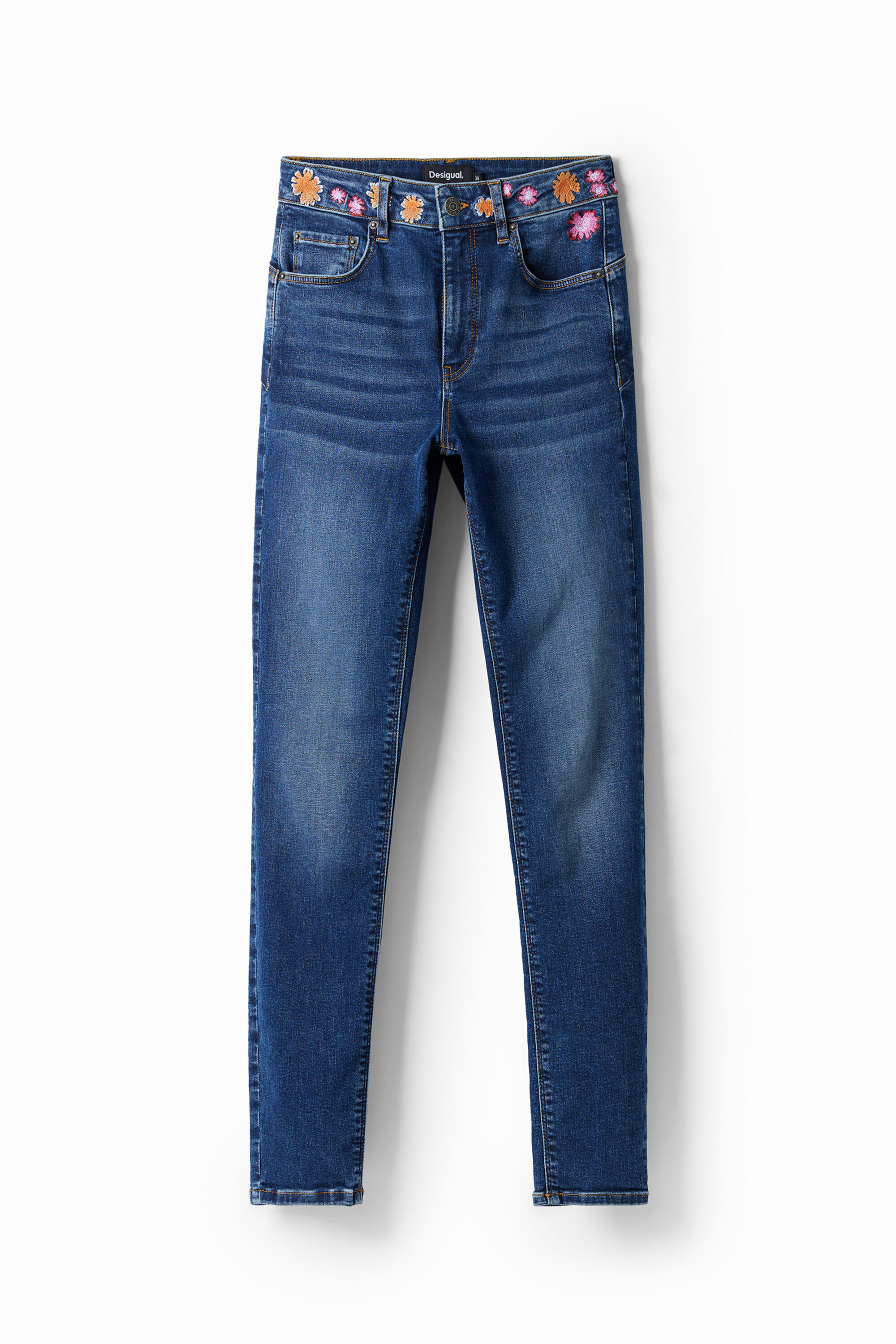 Desigual Embroidered Floral Jeans In Blue