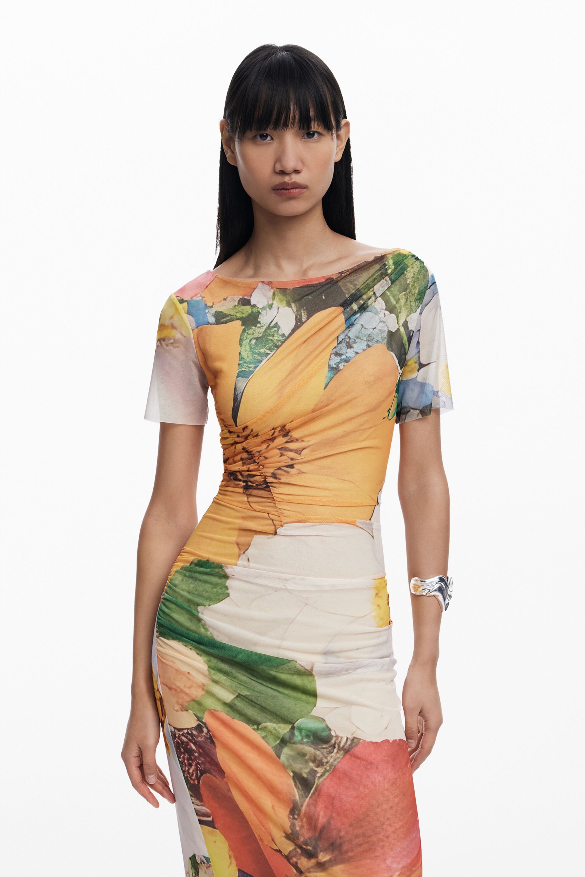 Desigual Midi Tulle Dress With Flowers In Orange