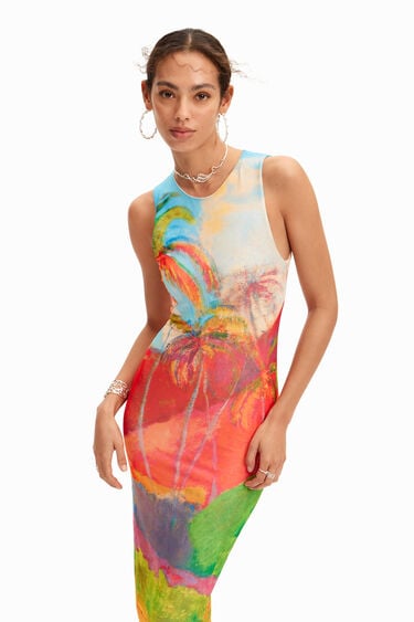 Sukienka midi z kolorowym tropikalnym wzorem | Desigual