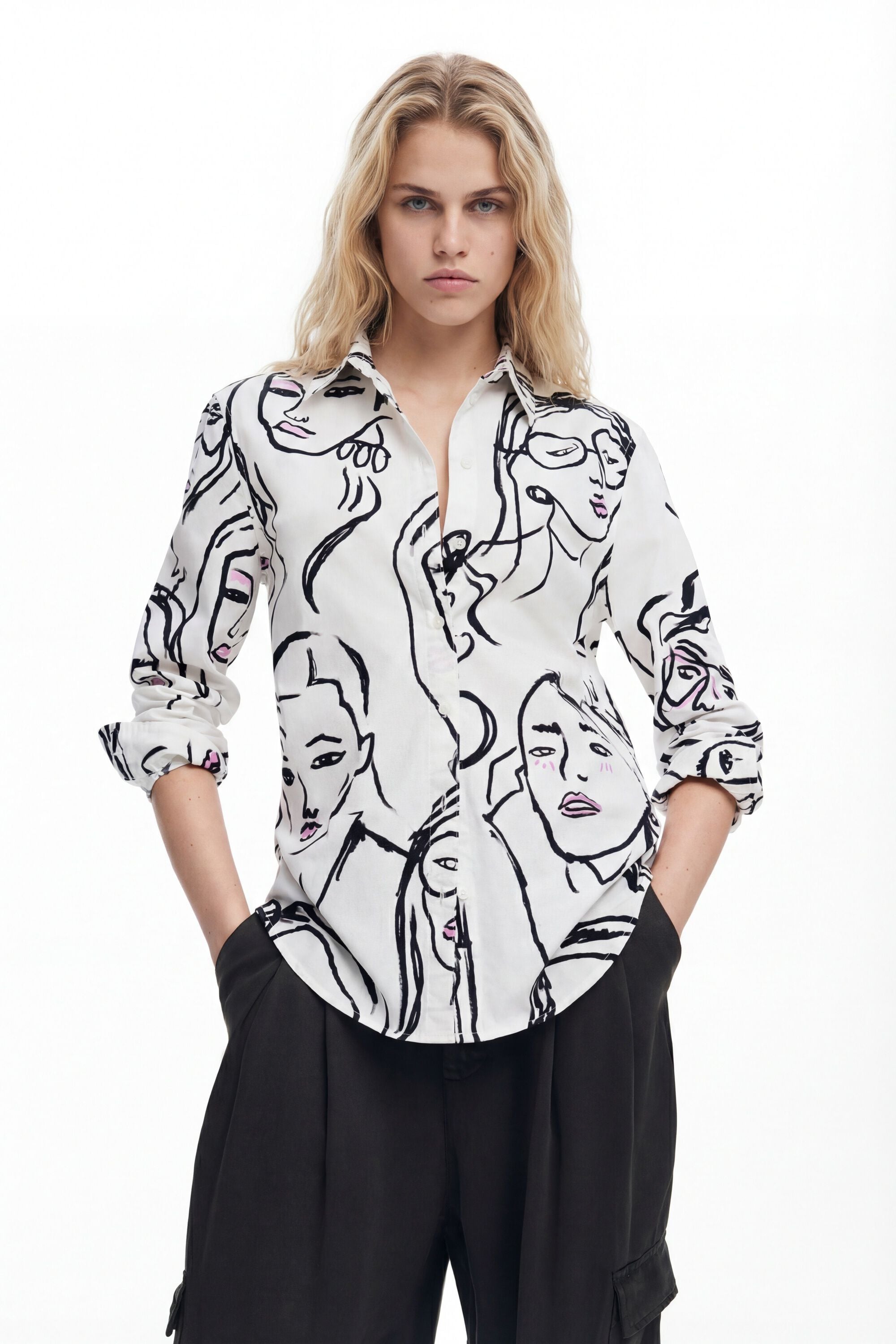 Desigual, Hemd mit Gesichtermuster, Damen, Baumwolle, Weiß, XS