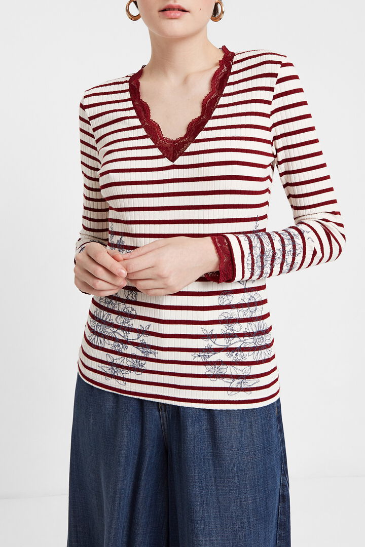 Blumiges Shirt mit Streifen und Spitze | Desigual